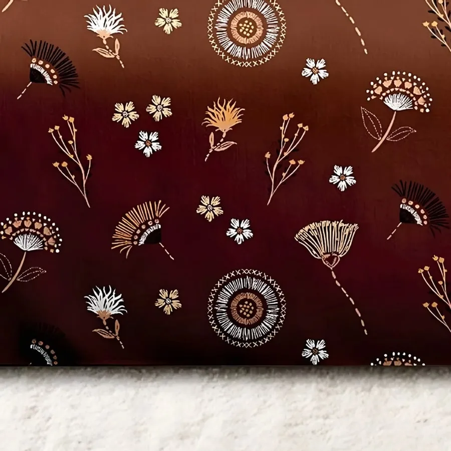 Close-up of the fan flower print in Cream on rust (MH-05)