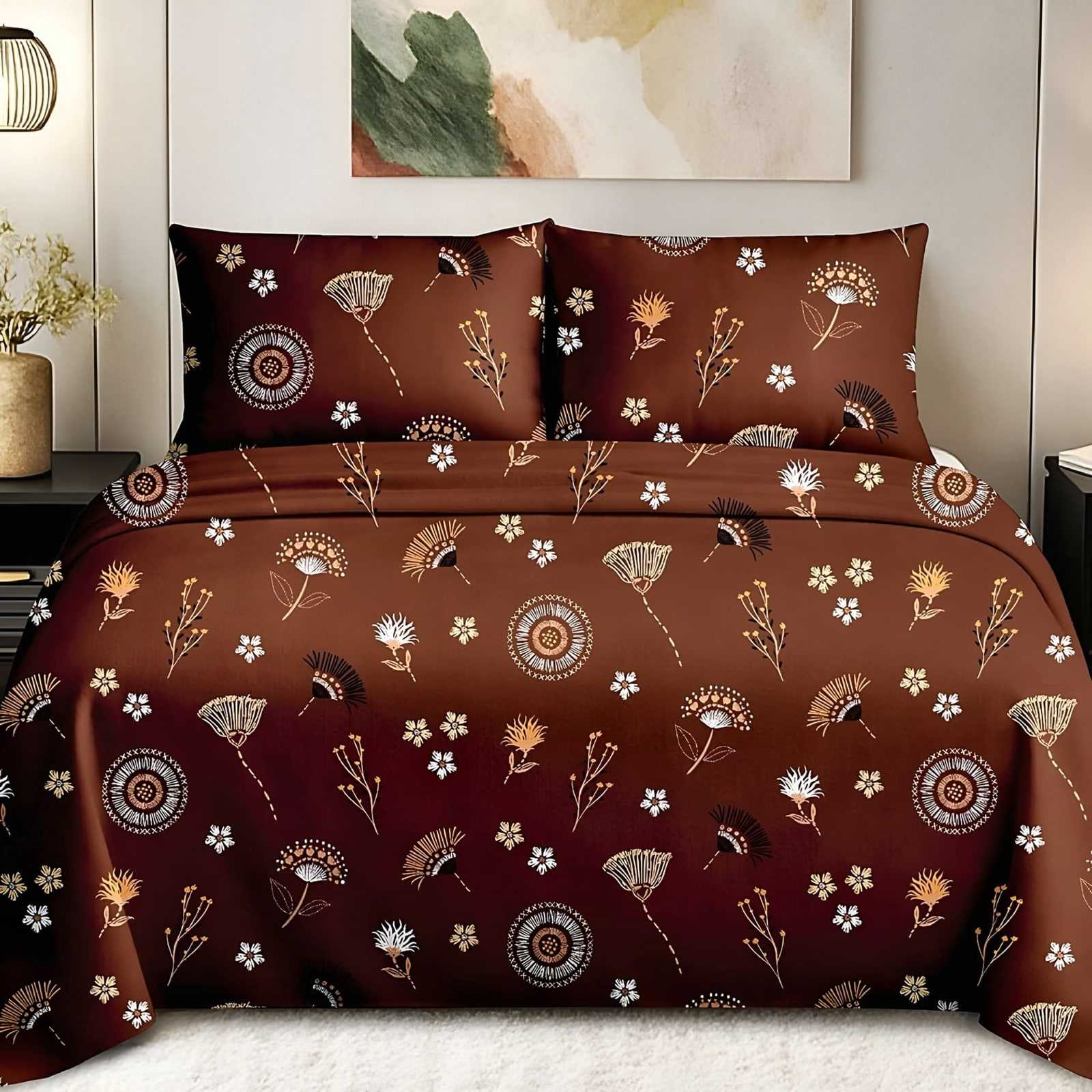Maharaja Fan Flower Bedsheet Set in Cream on rust (MH-05) on a made bed