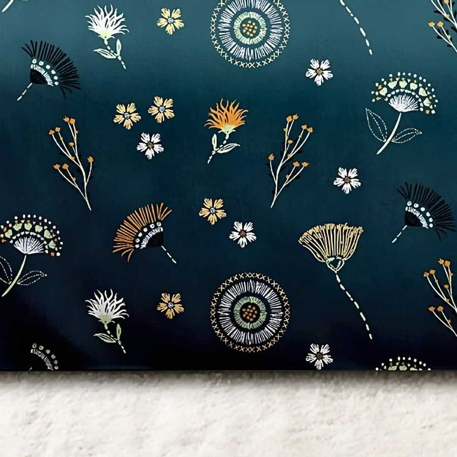 Close-up of the fan flower print in Cream on teal (MH-06)
