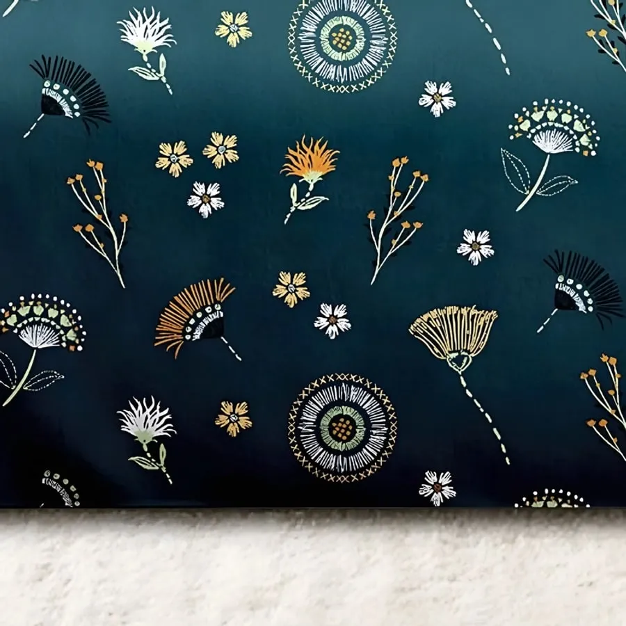 Close-up of the fan flower print in Cream on teal (MH-06)