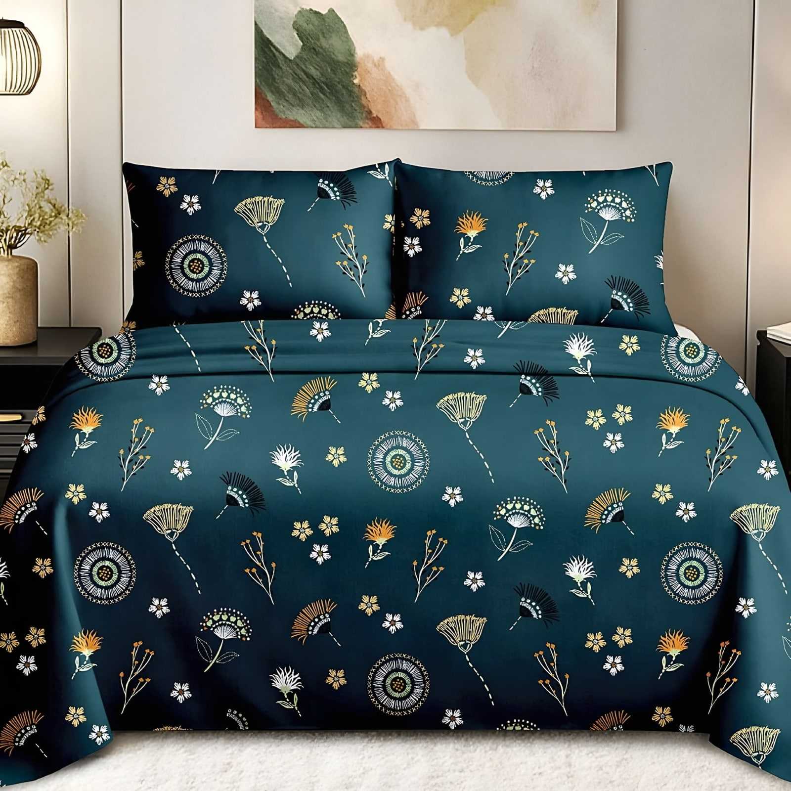 Maharaja Fan Flower Bedsheet Set in Cream on teal (MH-06) on a made bed