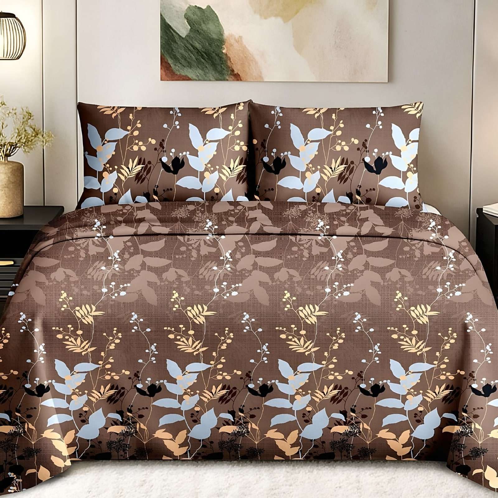 Maharaja Leaf Spray Bedsheet Set in On cocoa (MH-07) on a made bed