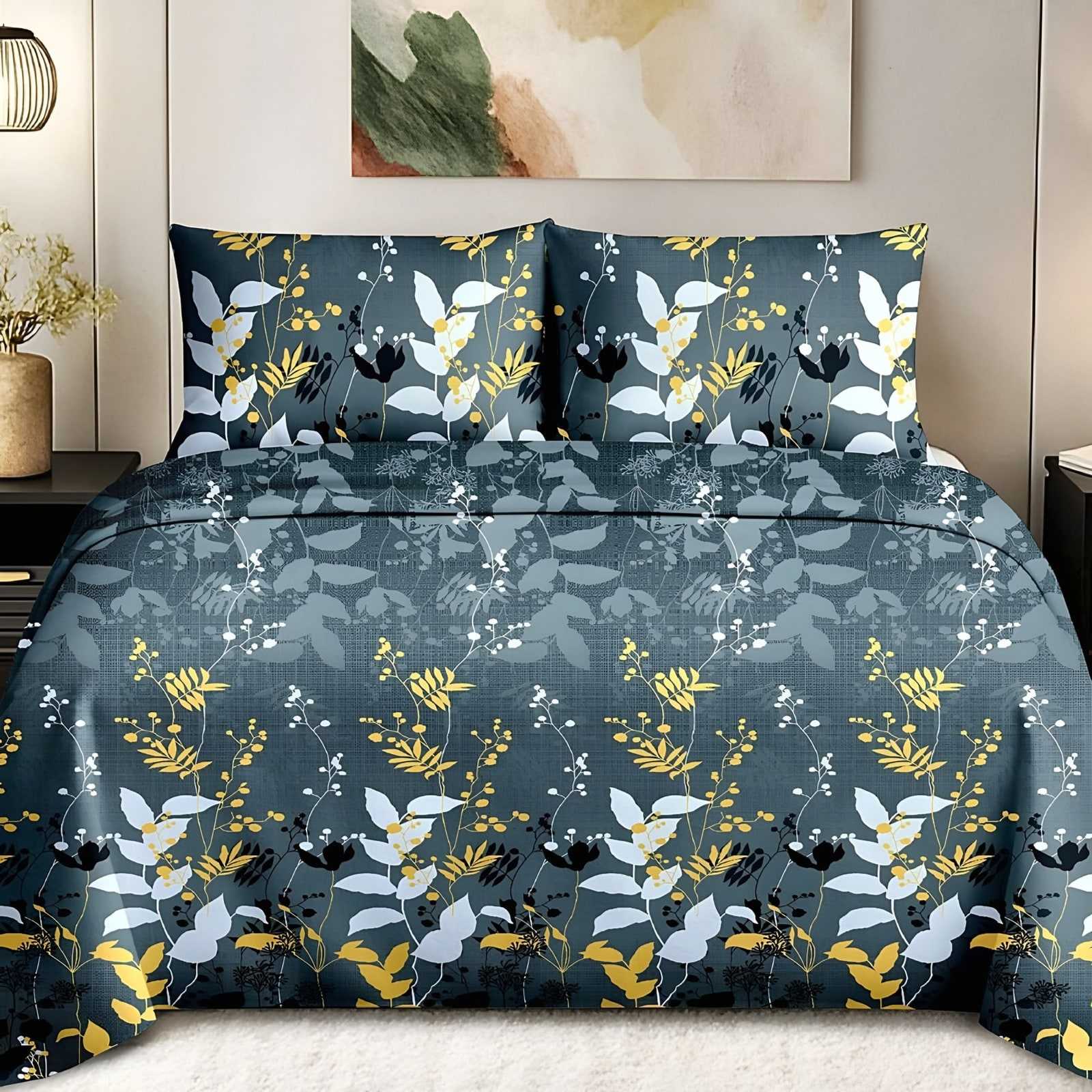 Maharaja Leaf Spray Bedsheet Set in On teal (MH-08) on a made bed