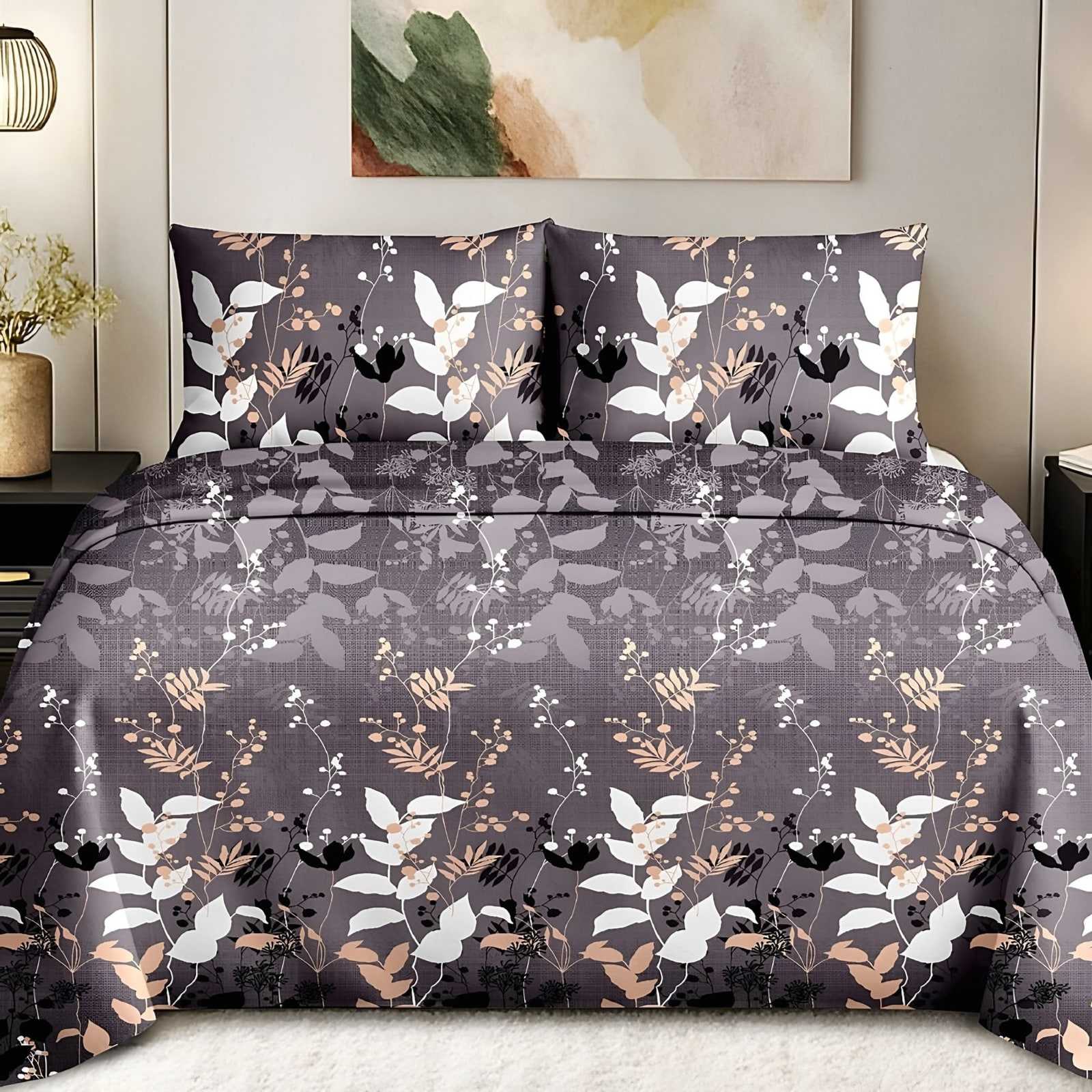 Maharaja Leaf Spray Bedsheet Set in On lilac grey (MH-09) on a made bed