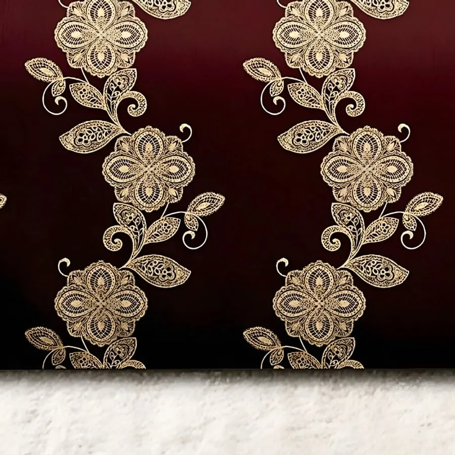 Close-up of the damask vine print in Gold on maroon (MH-10)