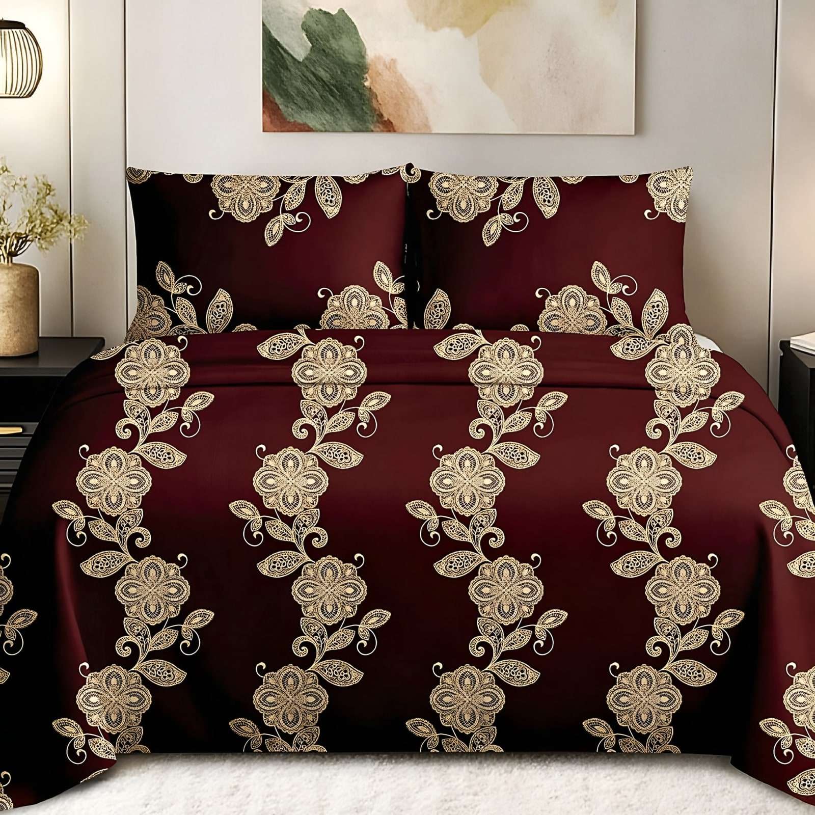 Maharaja Damask Vine Bedsheet Set in Gold on maroon (MH-10) on a made bed