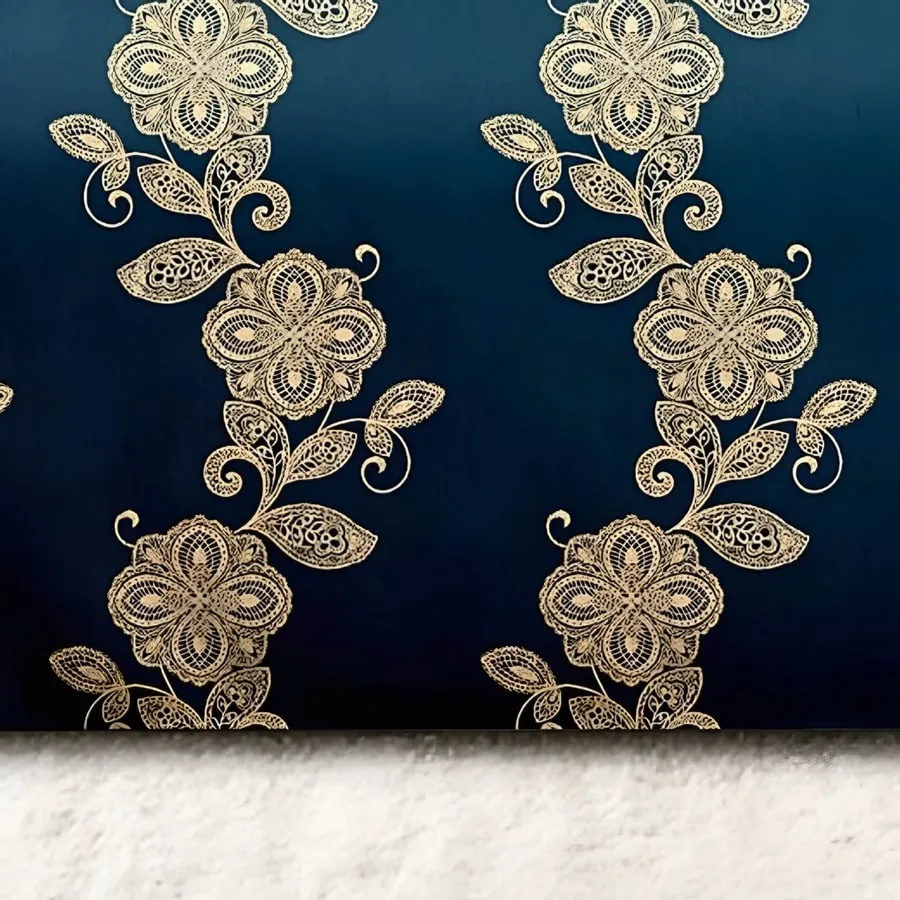 Close-up of the damask vine print in Gold on peacock blue (MH-11)