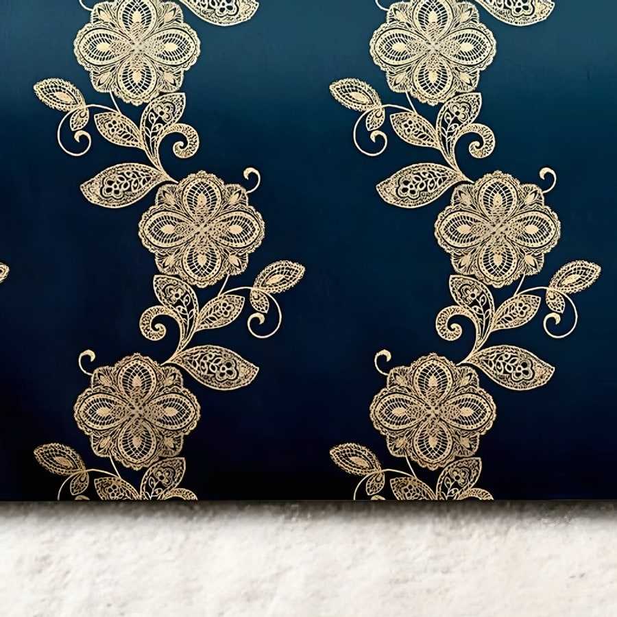 Close-up of the damask vine print in Gold on peacock blue (MH-11)