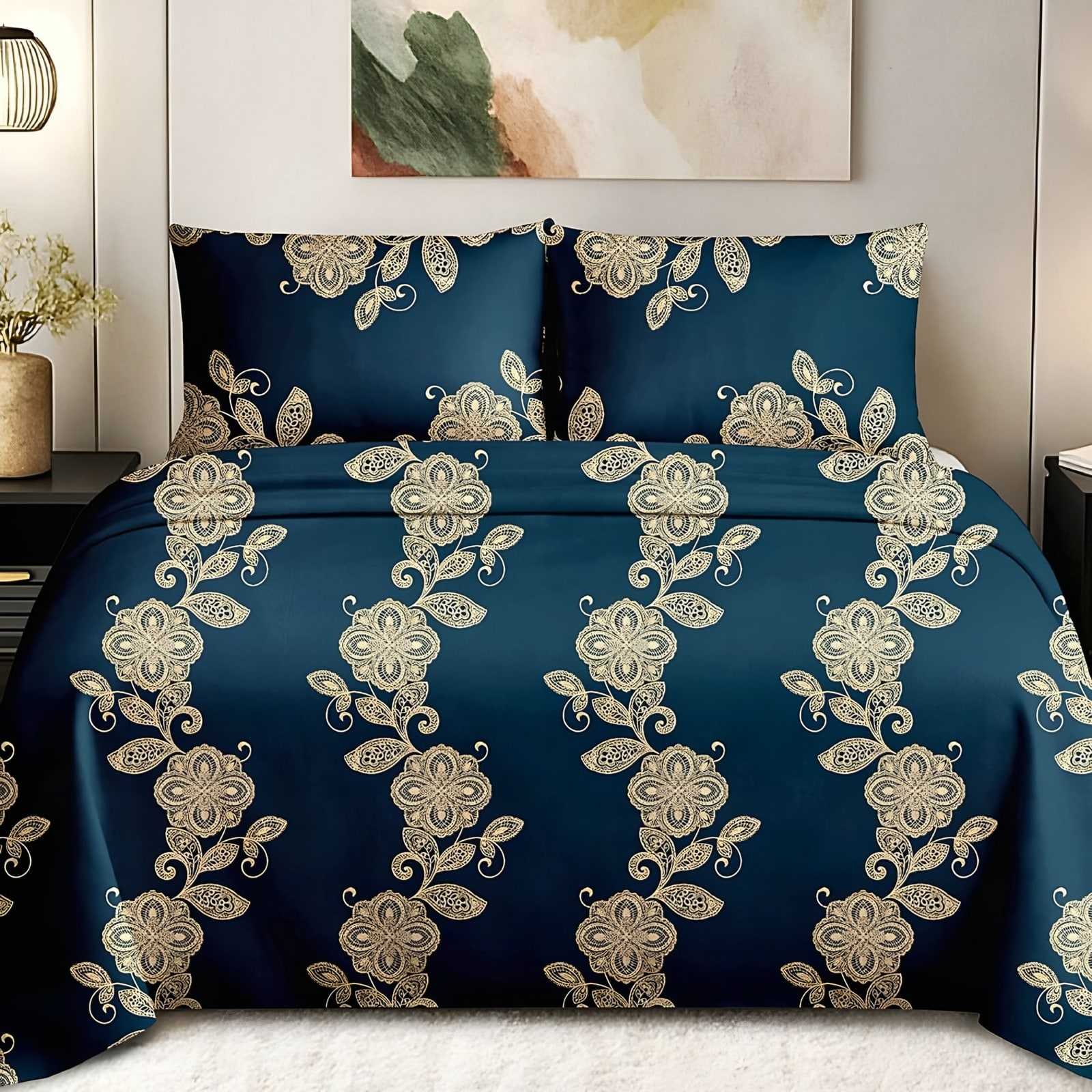 Maharaja Damask Vine Bedsheet Set in Gold on peacock blue (MH-11) on a made bed