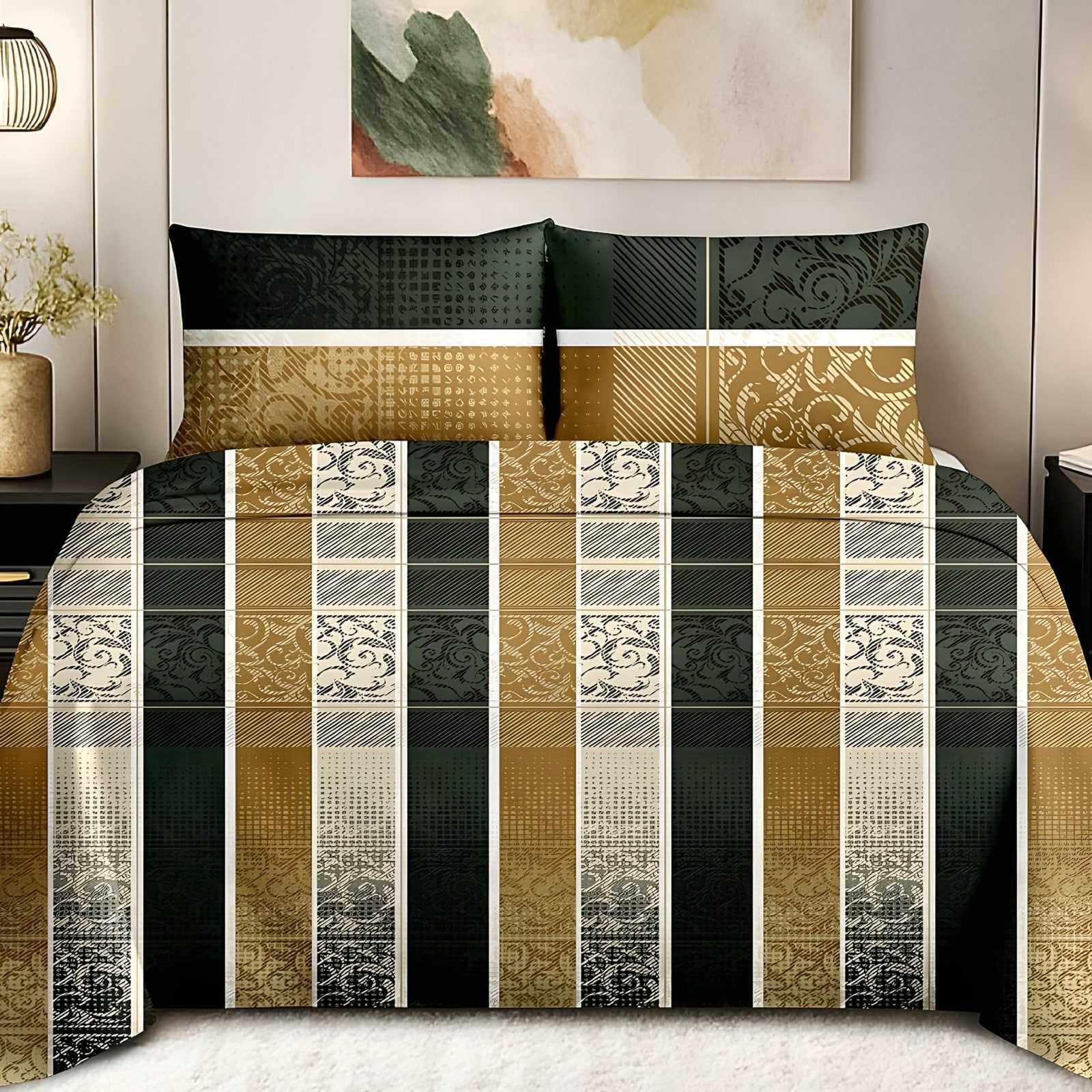 Maharaja Heritage Stripe Bedsheet Set in Gold & black (MH-12) on a made bed