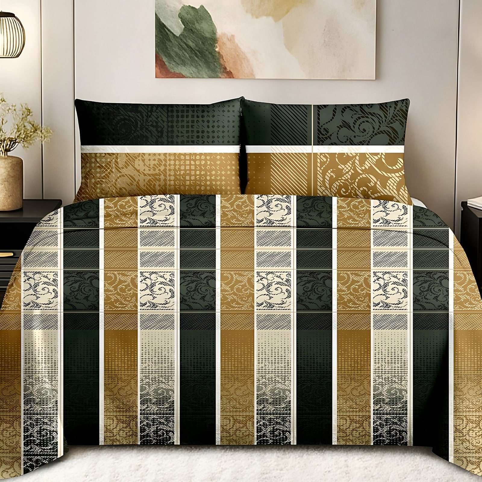 Maharaja Heritage Stripe Bedsheet Set in Gold & black (MH-12) on a made bed