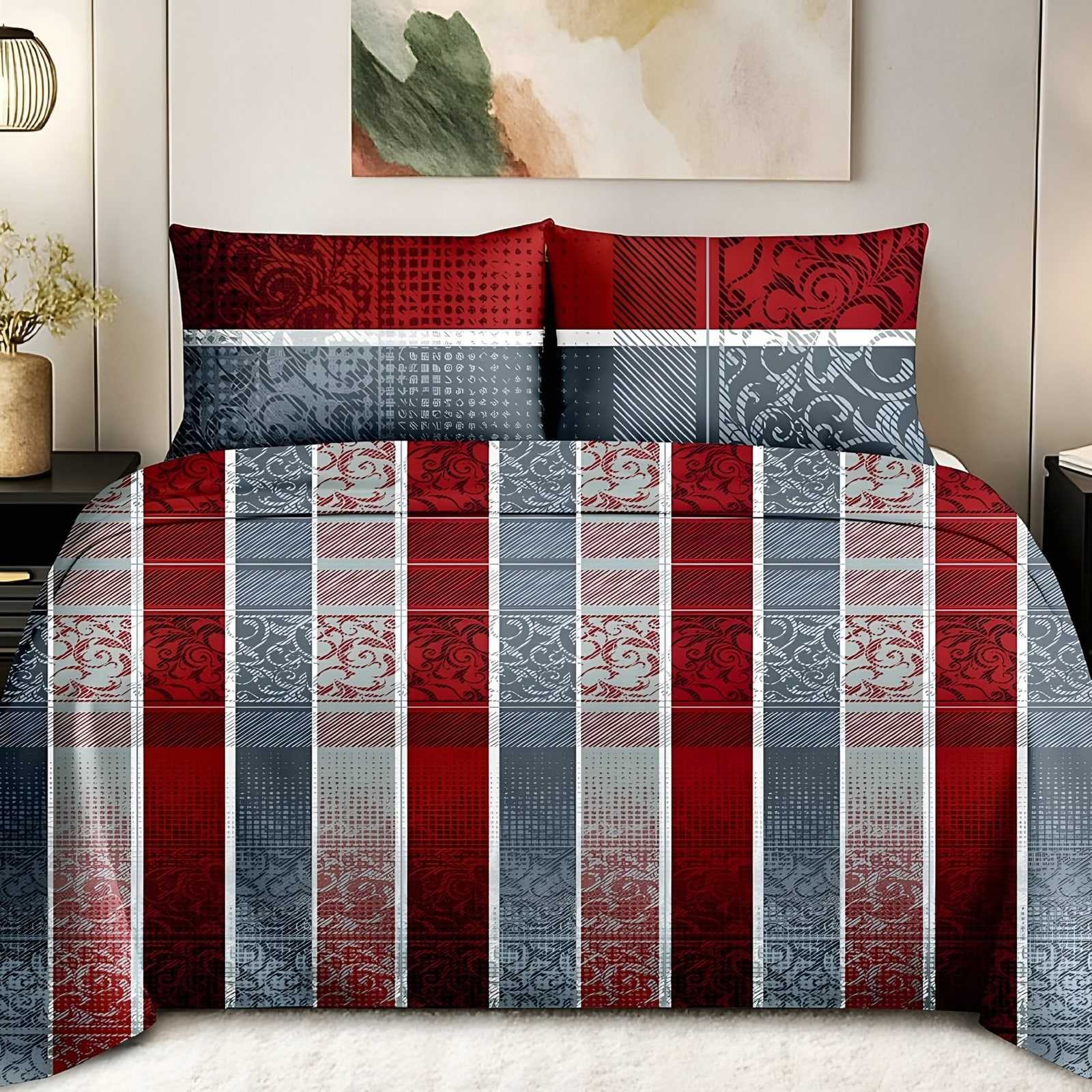 Maharaja Heritage Stripe Bedsheet Set in Red & grey (MH-13) on a made bed