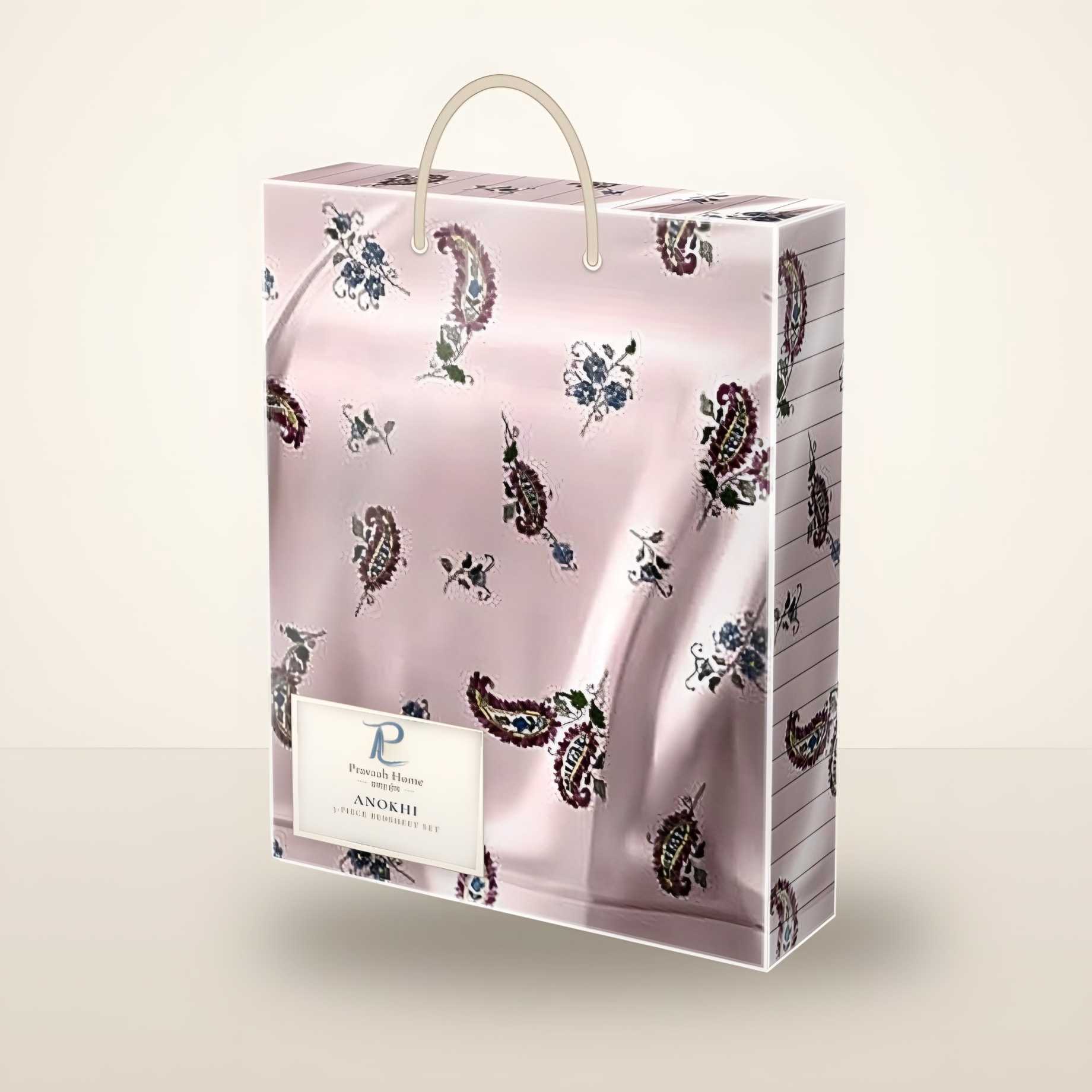 A bedsheet set gift-packed in a clear box with a rope handle