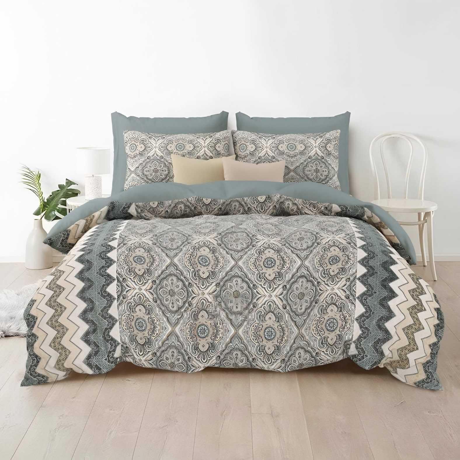 Rozee Damask Medallion Cotton Bedsheet Set in Grey (RZ-01) on a made bed
