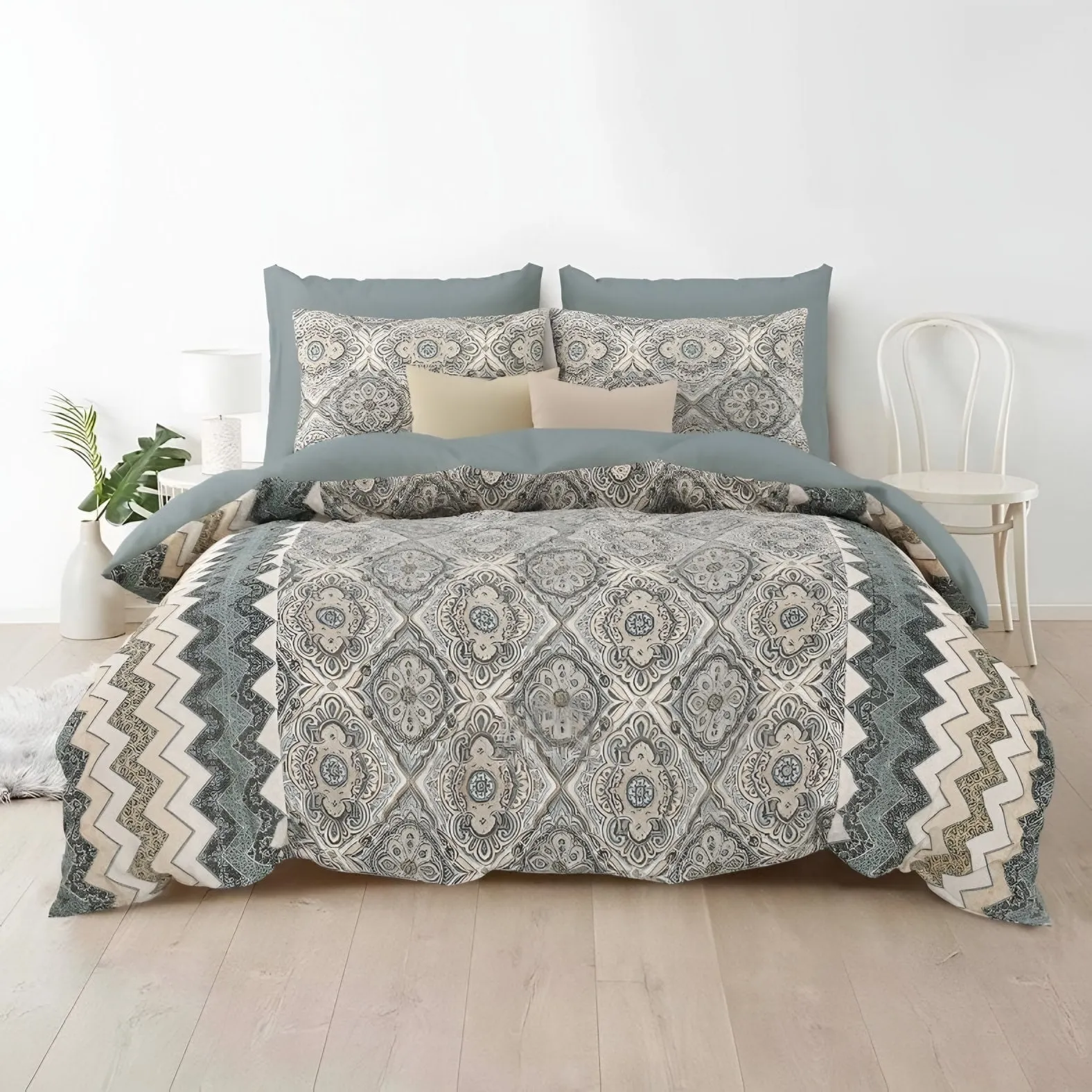 Rozee Damask Medallion Cotton Bedsheet Set in Grey (RZ-01) on a made bed