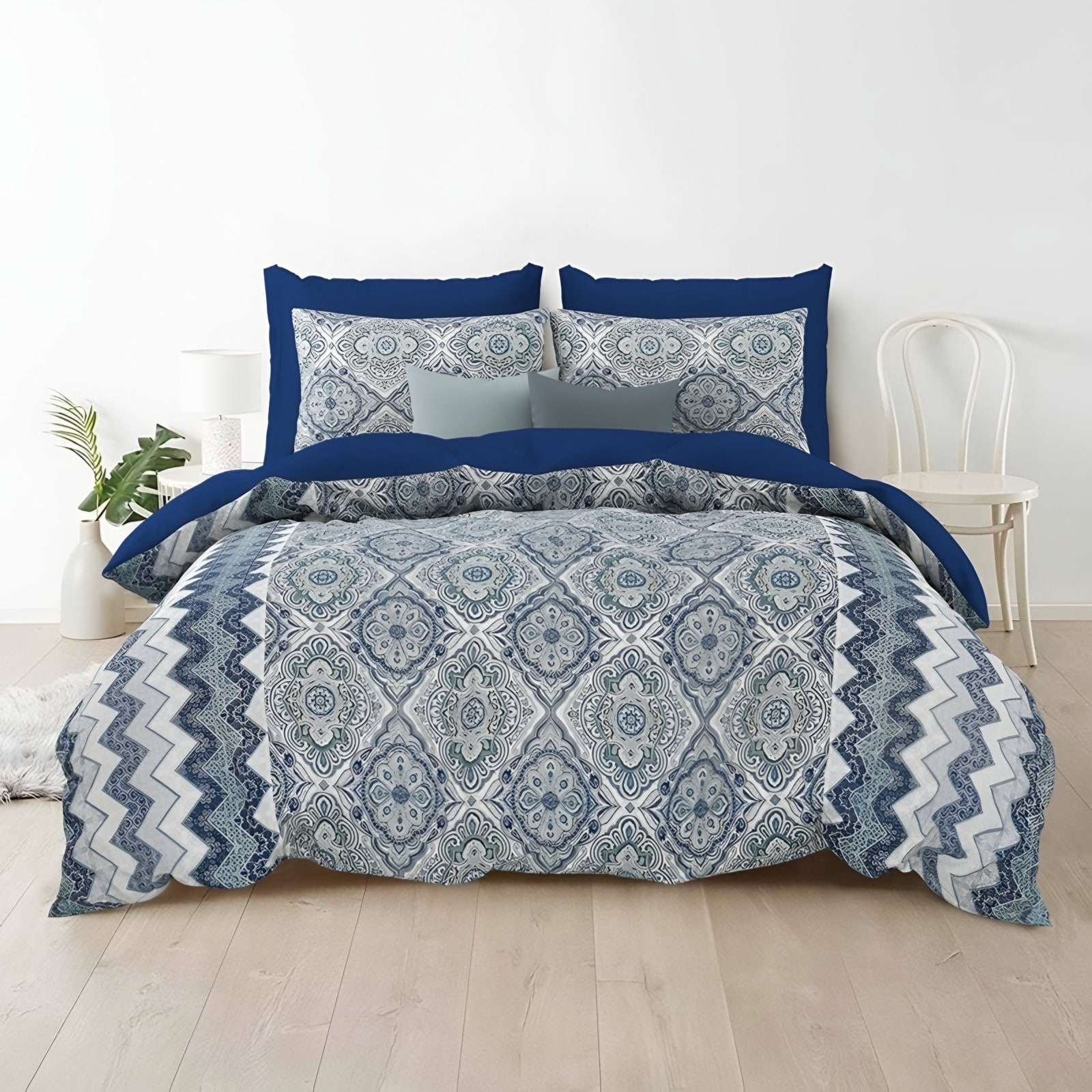 Rozee Damask Medallion Cotton Bedsheet Set in Blue (RZ-02) on a made bed