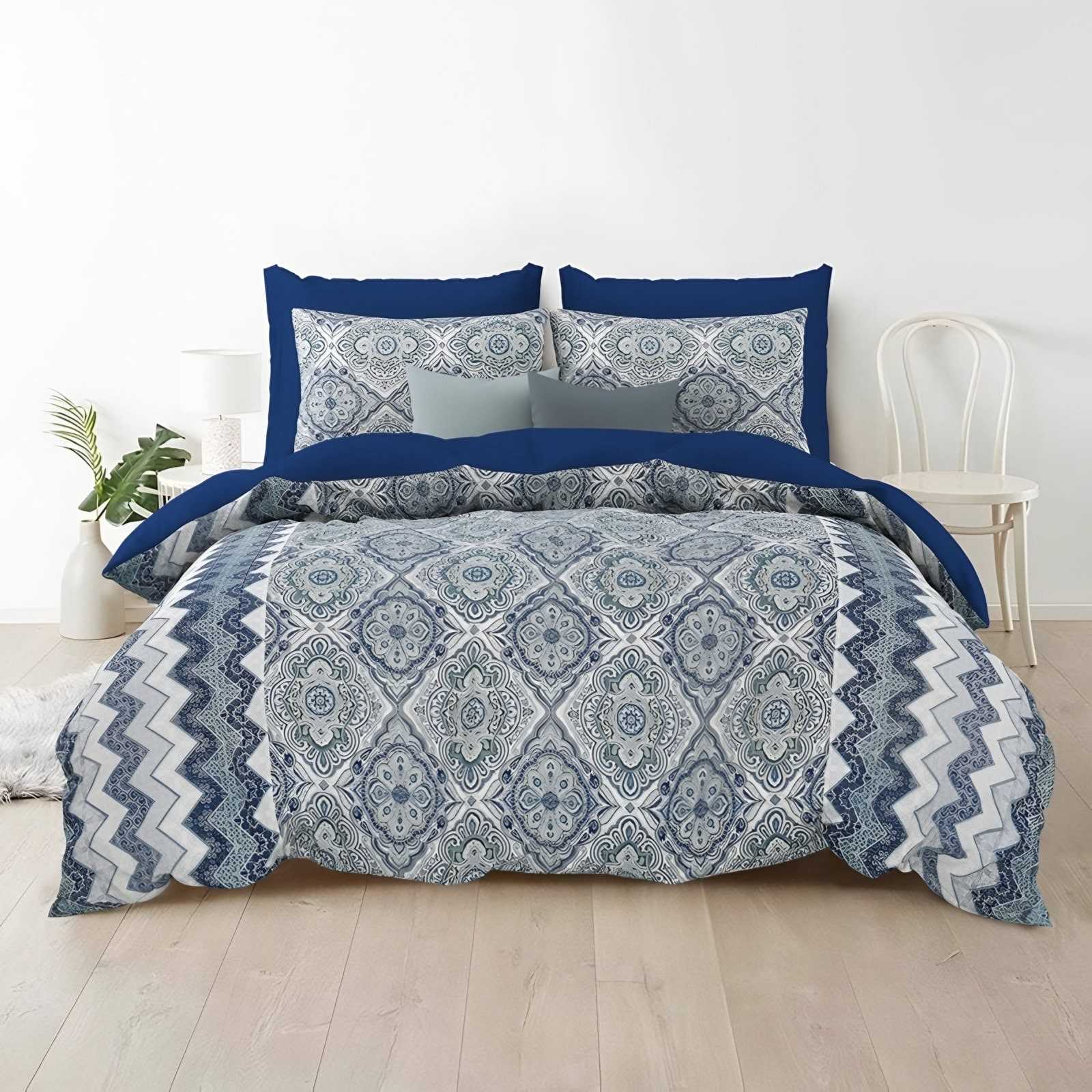 Rozee Damask Medallion Cotton Bedsheet Set in Blue (RZ-02) on a made bed