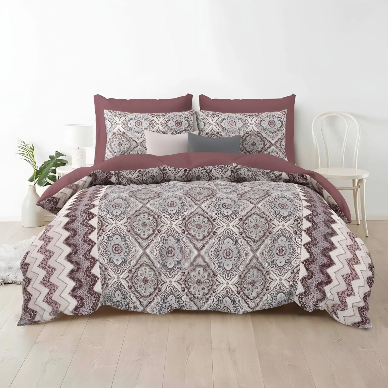 Rozee Damask Medallion Cotton Bedsheet Set in Wine (RZ-03) on a made bed
