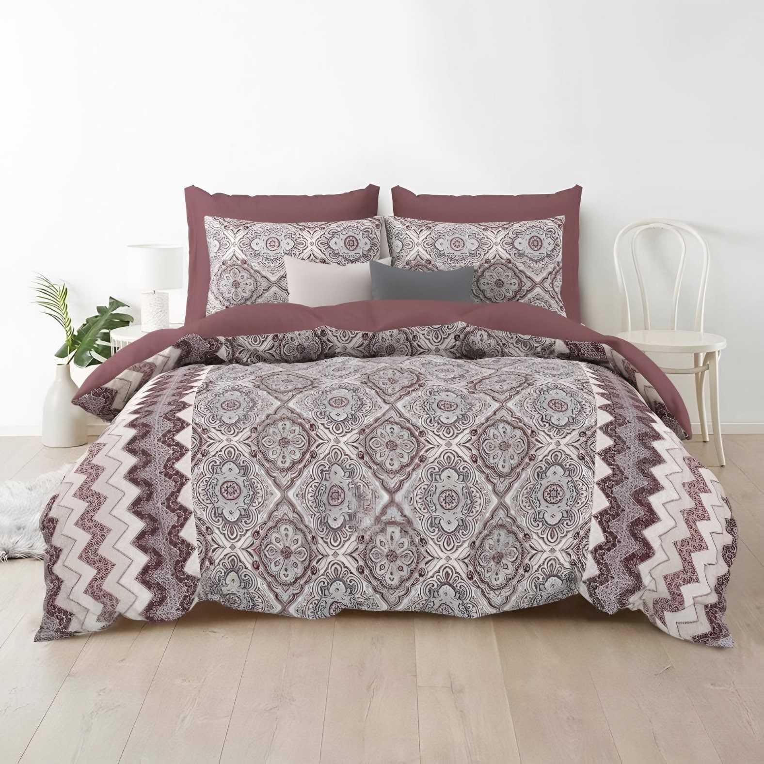 Rozee Damask Medallion Cotton Bedsheet Set in Wine (RZ-03) on a made bed