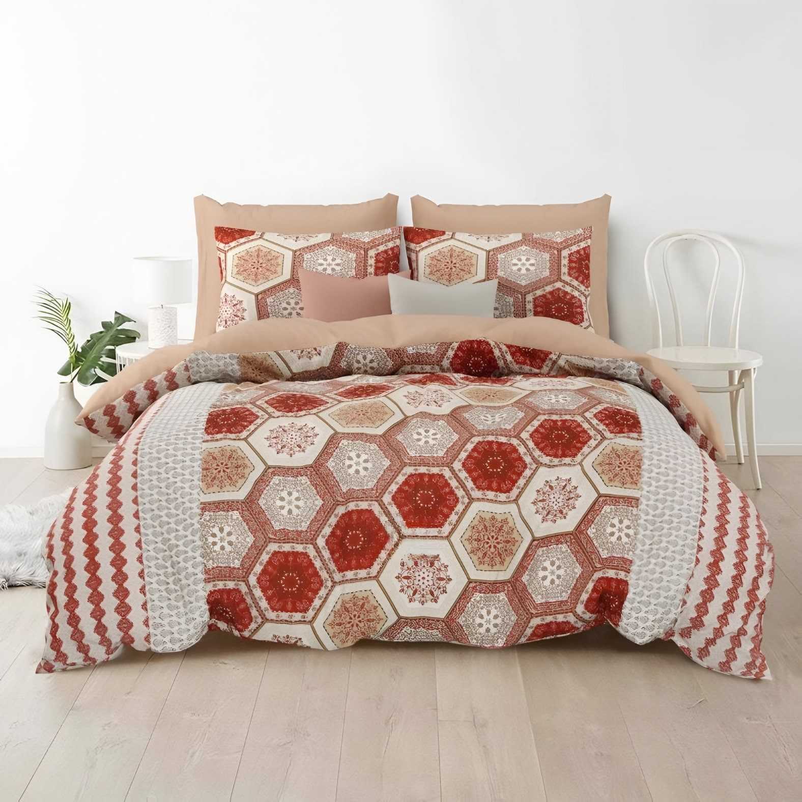 Rozee Hexagon Mosaic Cotton Bedsheet Set in Terracotta (RZ-04) on a made bed