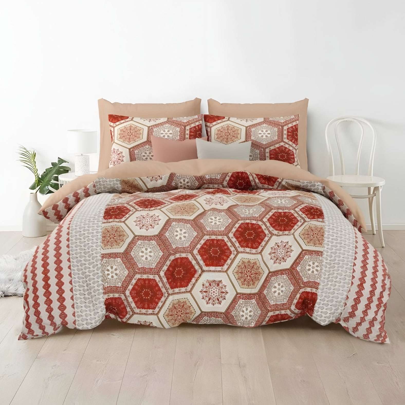 Rozee Hexagon Mosaic Cotton Bedsheet Set in Terracotta (RZ-04) on a made bed