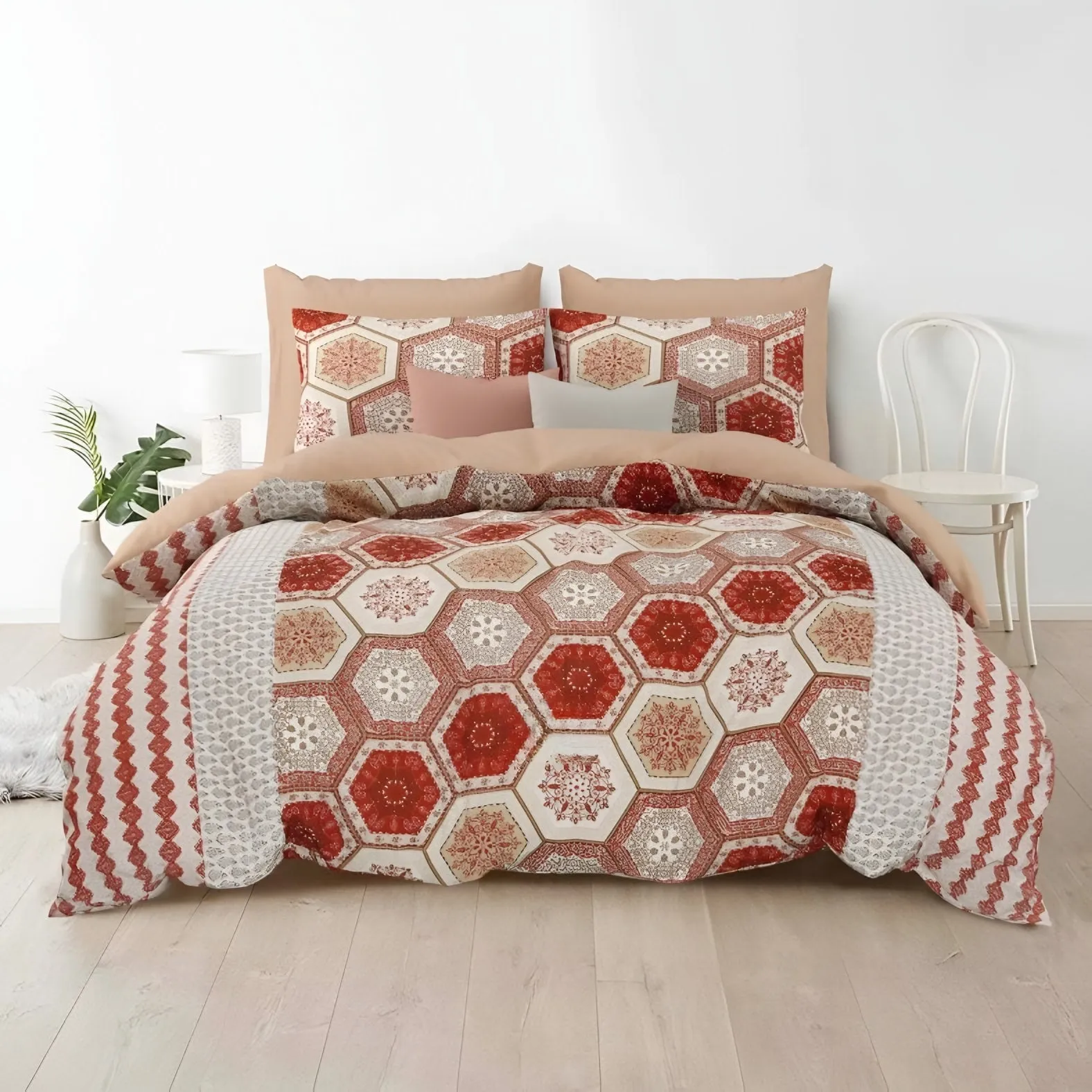 Rozee Hexagon Mosaic Cotton Bedsheet Set in Terracotta (RZ-04) on a made bed