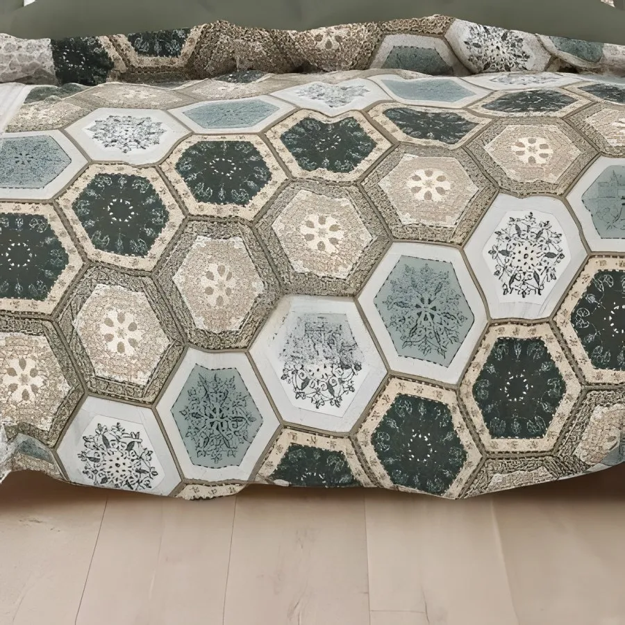 Close-up of the hexagon mosaic print in Sage (RZ-05)