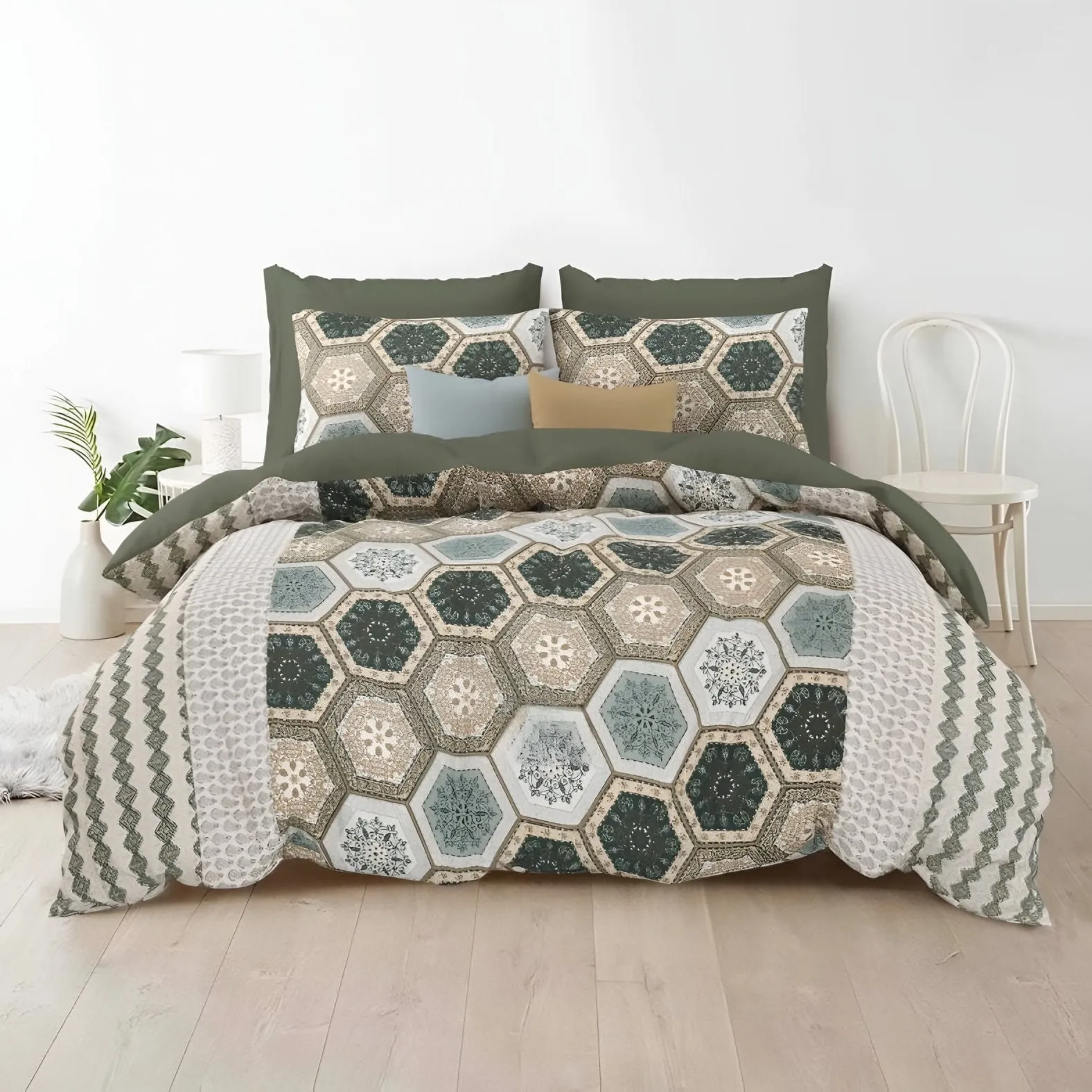 Rozee Hexagon Mosaic Cotton Bedsheet Set in Sage (RZ-05) on a made bed