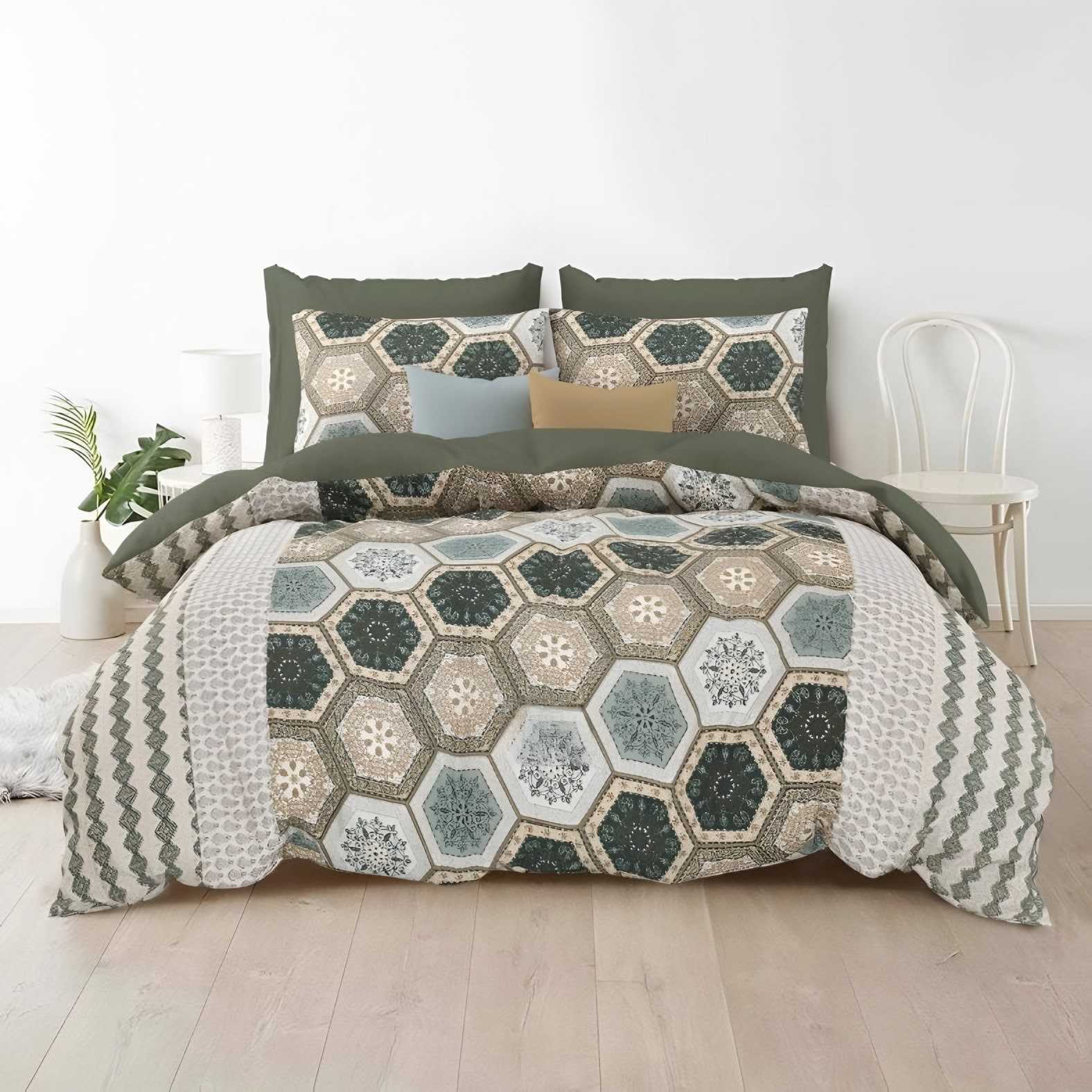 Rozee Hexagon Mosaic Cotton Bedsheet Set in Sage (RZ-05) on a made bed