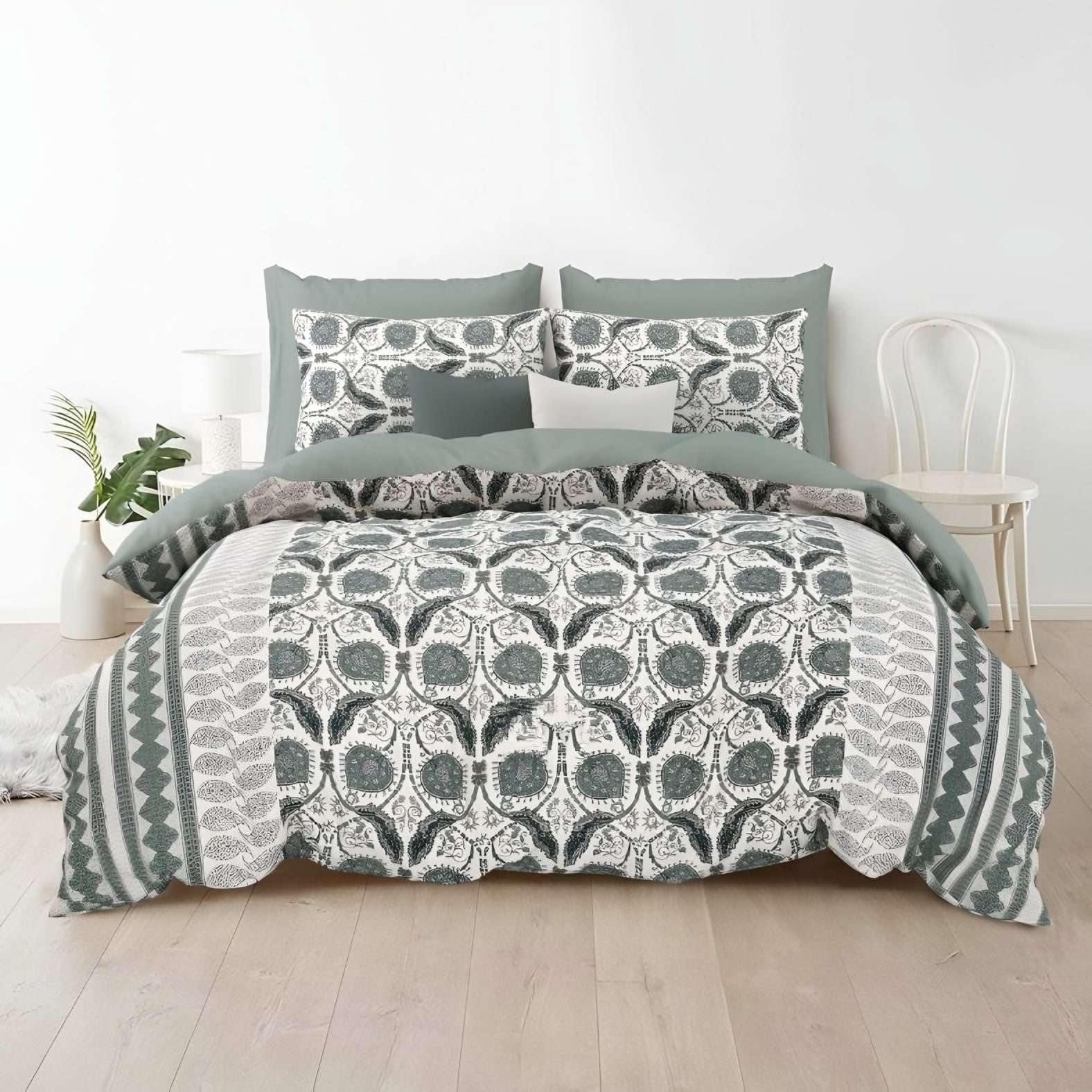 Rozee Ogee Garden Cotton Bedsheet Set in Sage (RZ-06) on a made bed