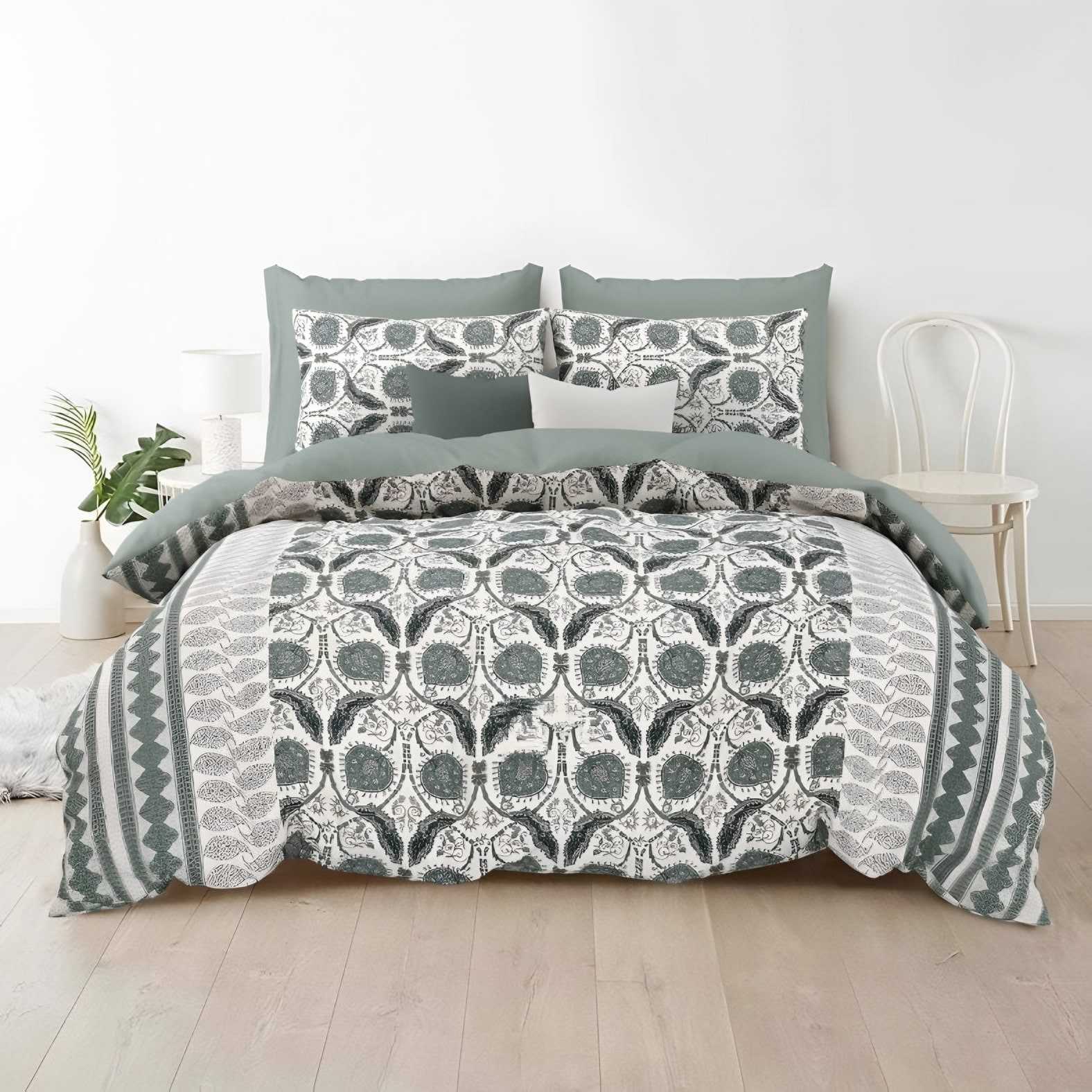 Rozee Ogee Garden Cotton Bedsheet Set in Sage (RZ-06) on a made bed