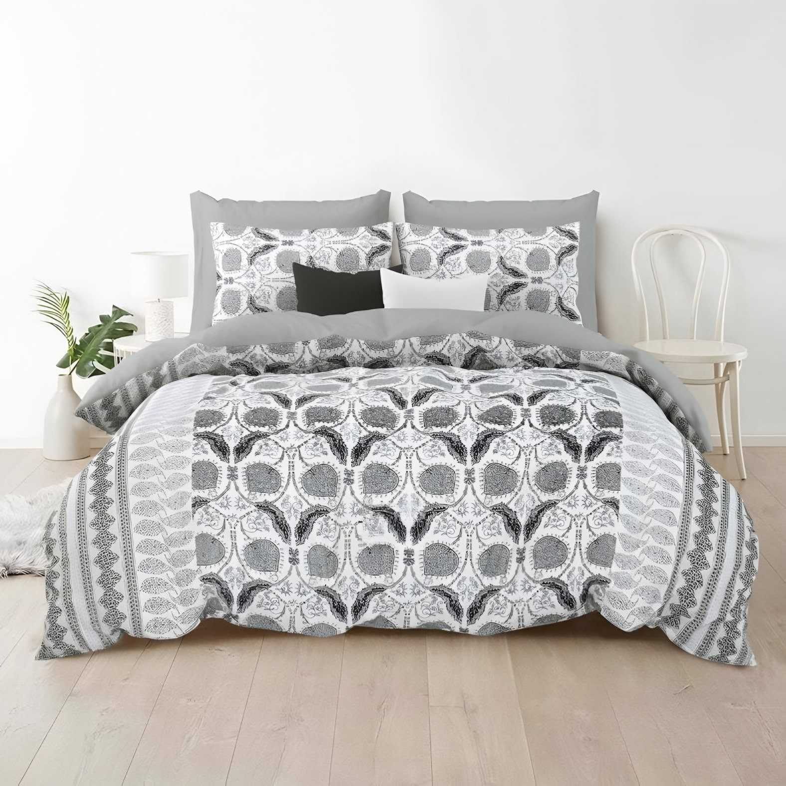 Rozee Ogee Garden Cotton Bedsheet Set in Grey (RZ-07) on a made bed