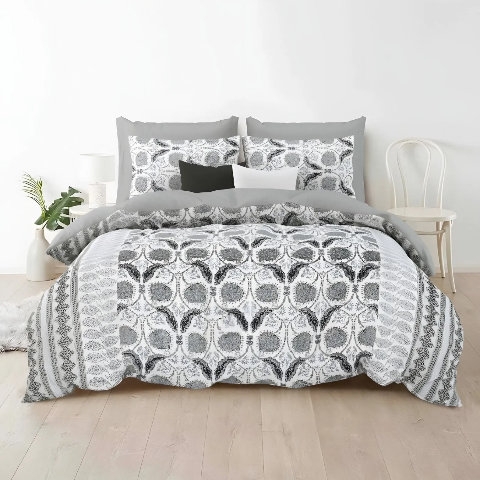 Rozee Ogee Garden Cotton Bedsheet Set in Grey (RZ-07) on a made bed
