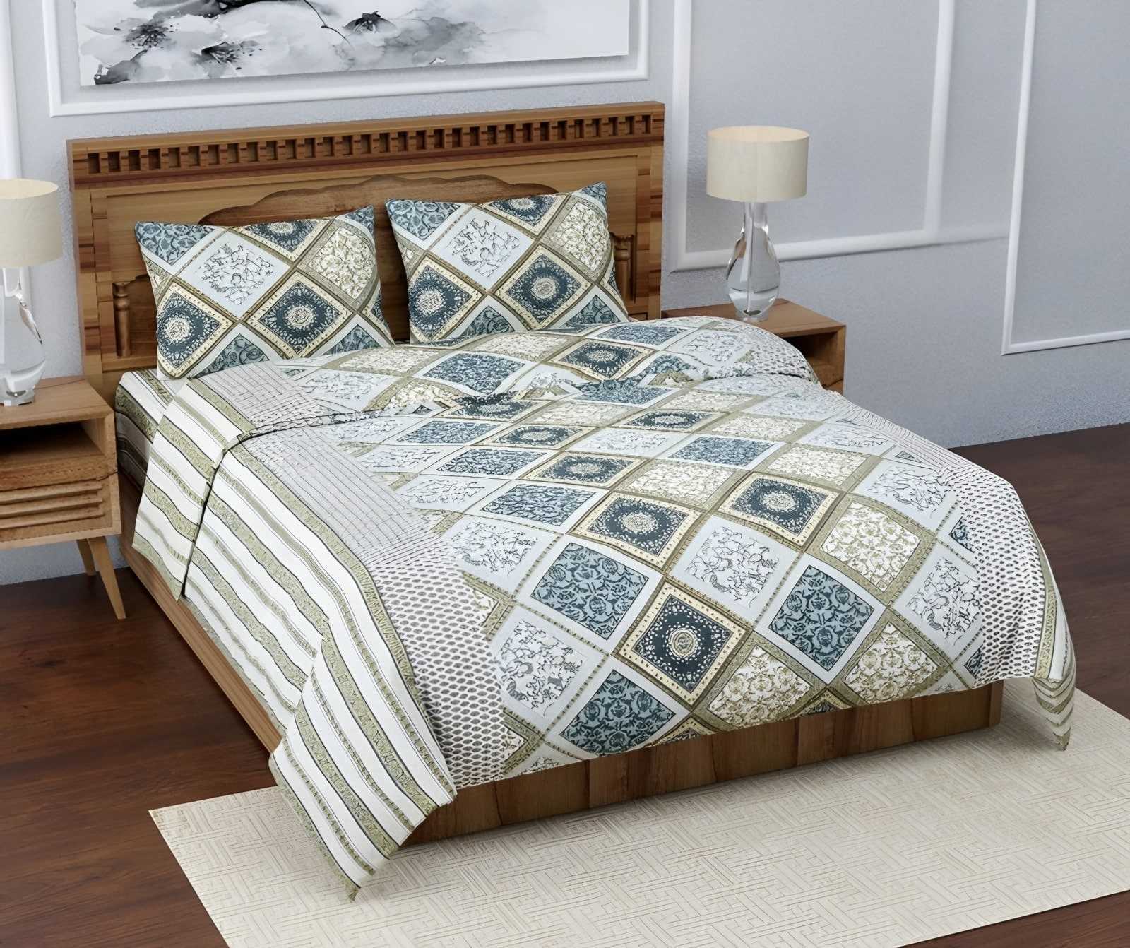 Rozee Diamond Tile Cotton Bedsheet Set in Sage (RZ-08) on a made bed