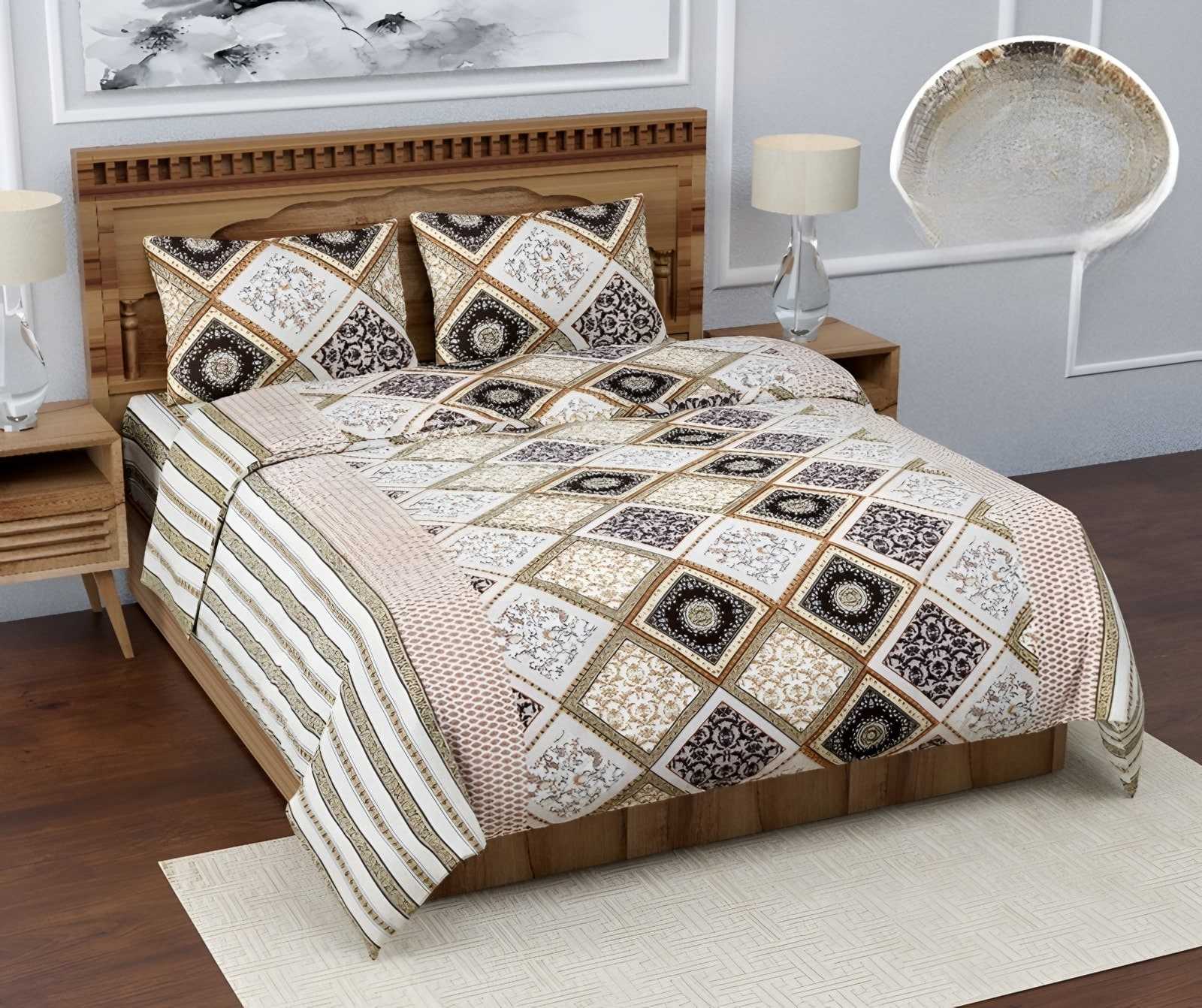 Rozee Diamond Tile Cotton Bedsheet Set in Brown (RZ-09) on a made bed