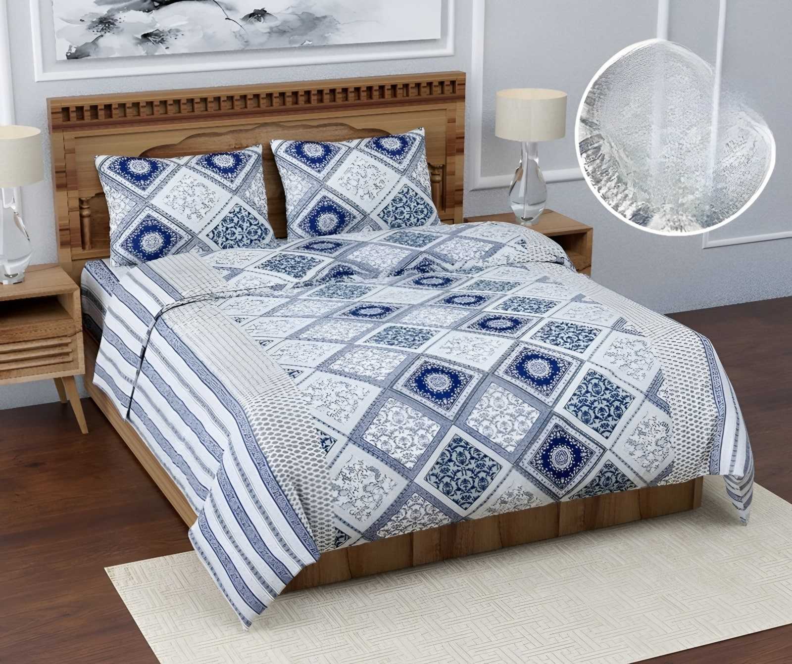 Rozee Diamond Tile Cotton Bedsheet Set in Blue (RZ-10) on a made bed