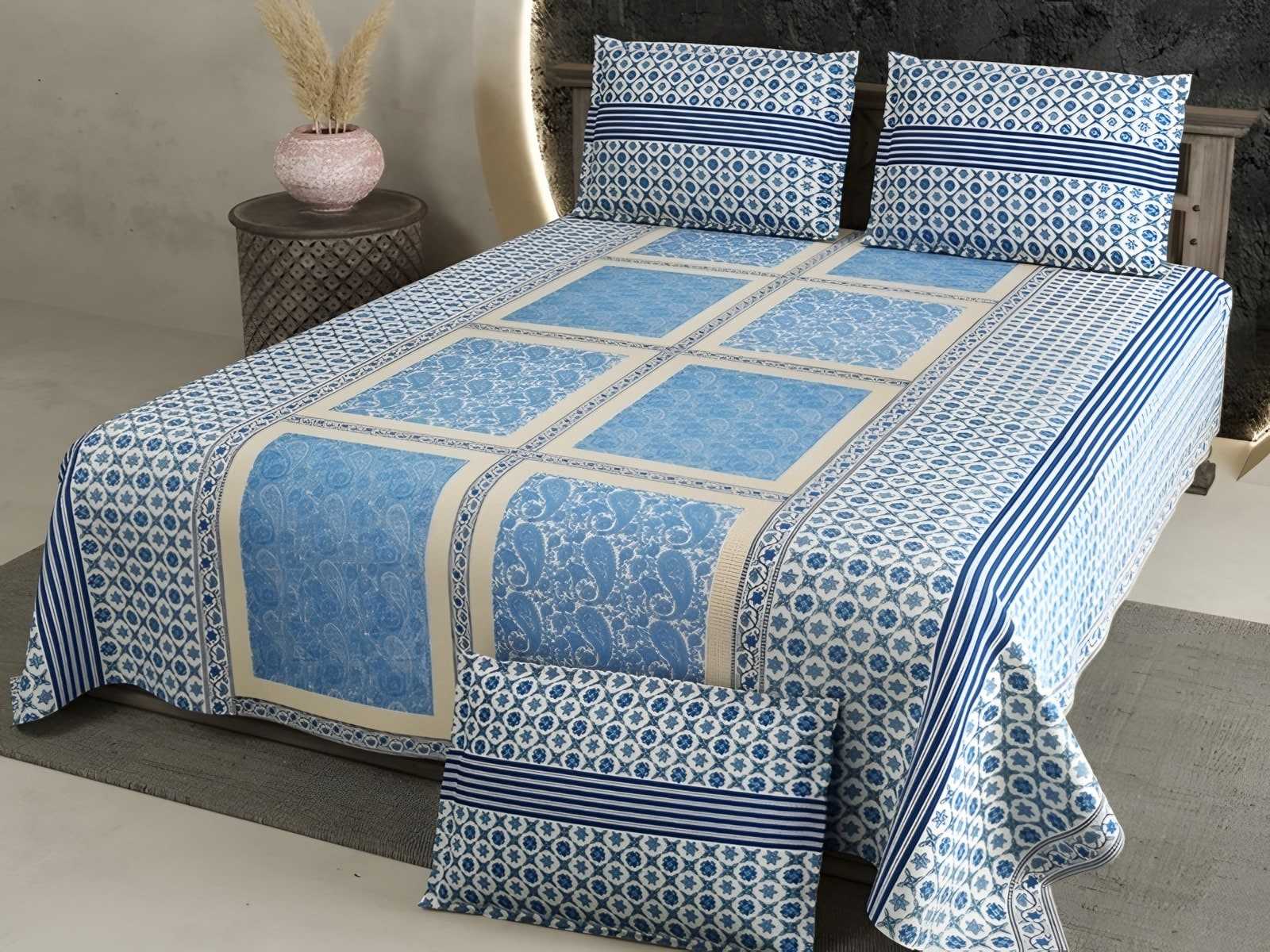Rozee Indigo Panel Cotton Bedsheet Set in Blue (RZ-11) on a made bed