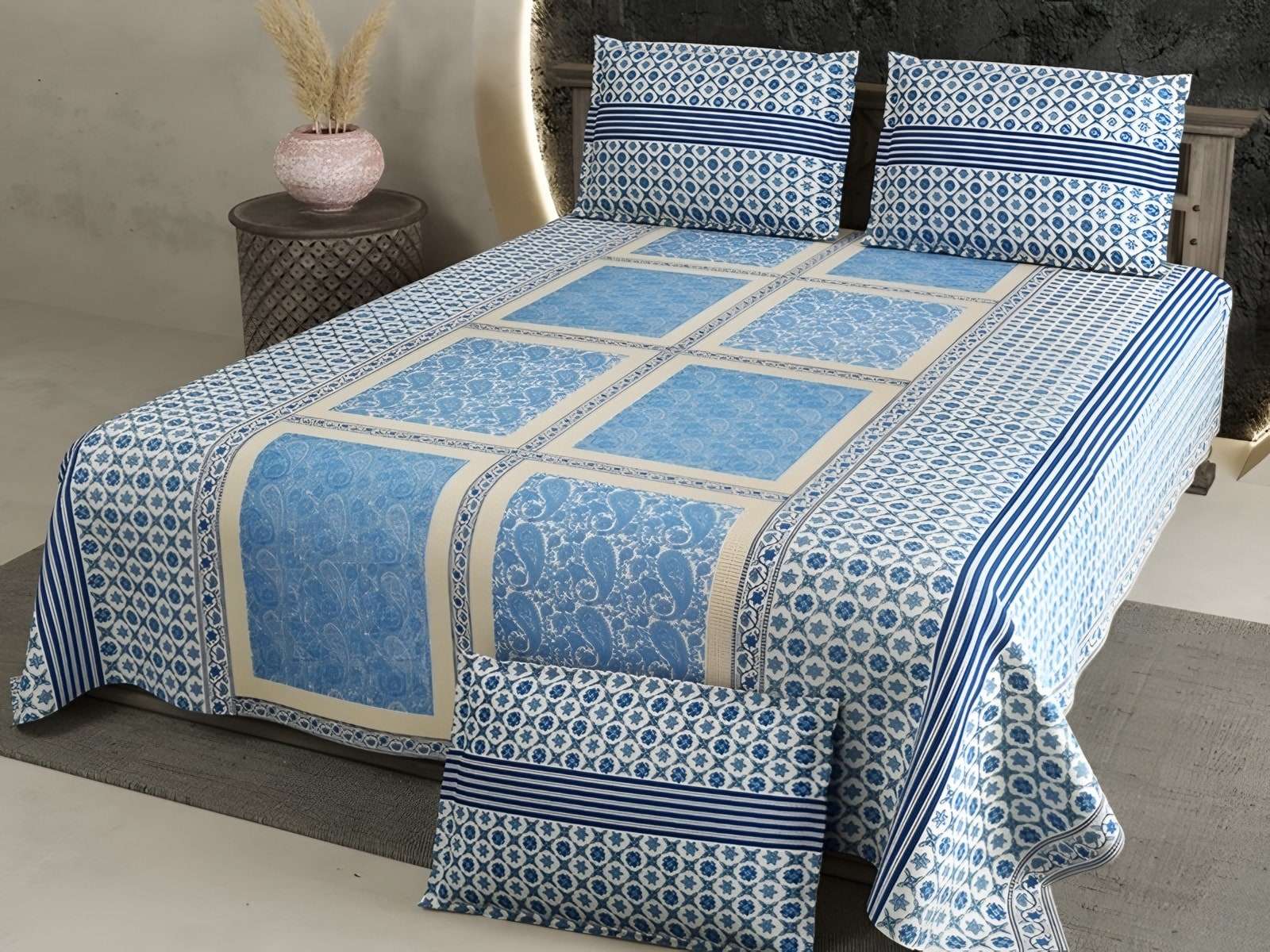 Rozee Indigo Panel Cotton Bedsheet Set in Blue (RZ-11) on a made bed