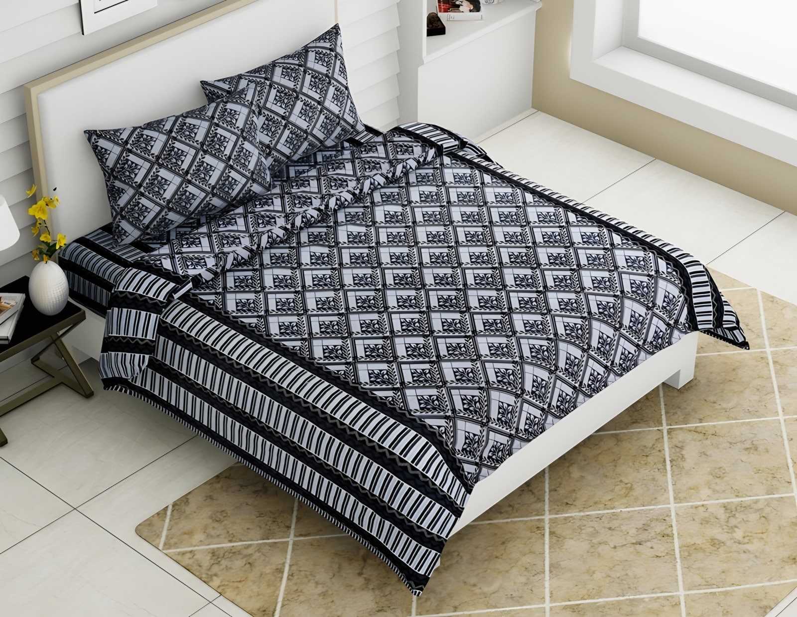 Rozee Leaf Trellis Cotton Bedsheet Set in Navy (RZ-12) on a made bed