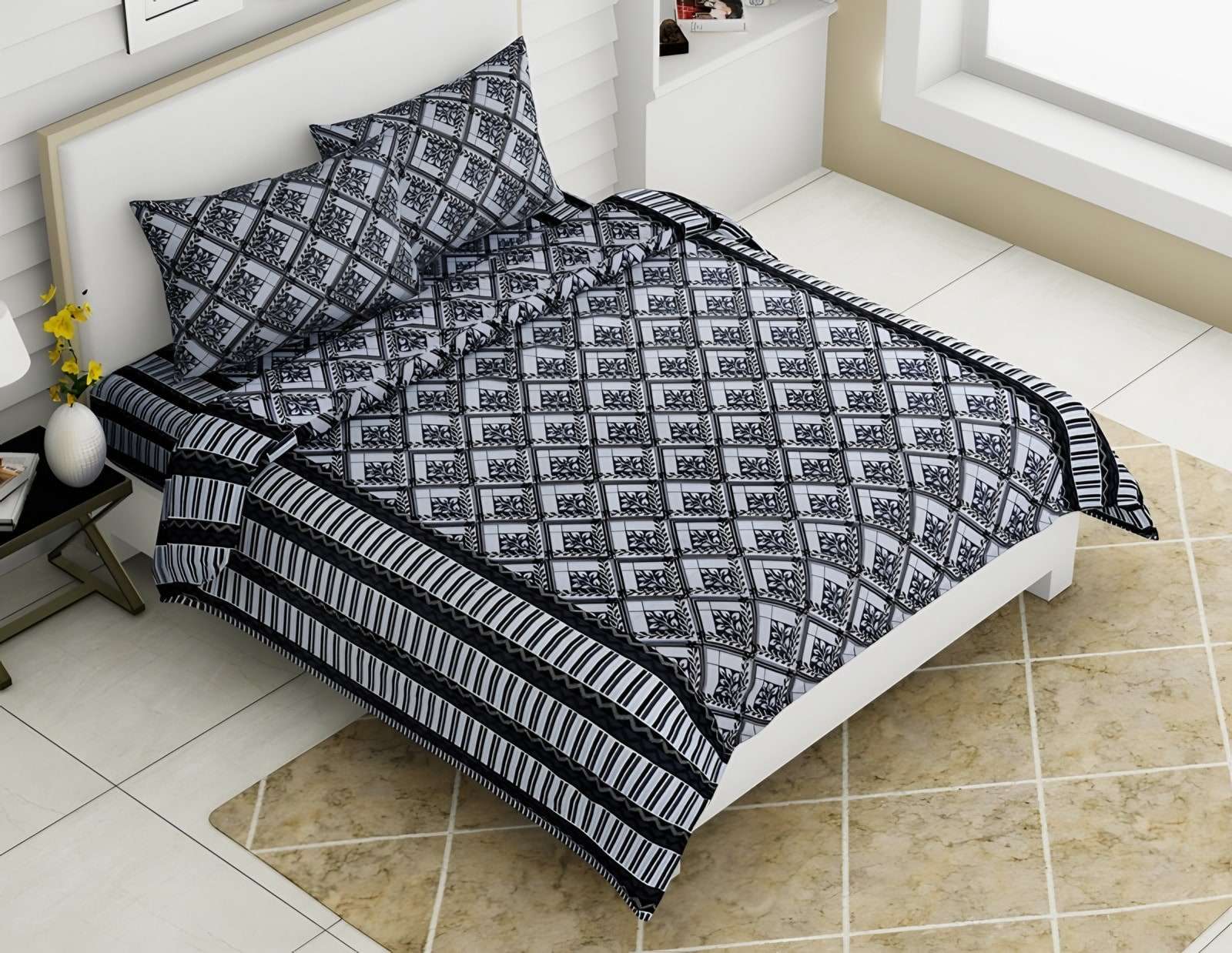 Rozee Leaf Trellis Cotton Bedsheet Set in Navy (RZ-12) on a made bed