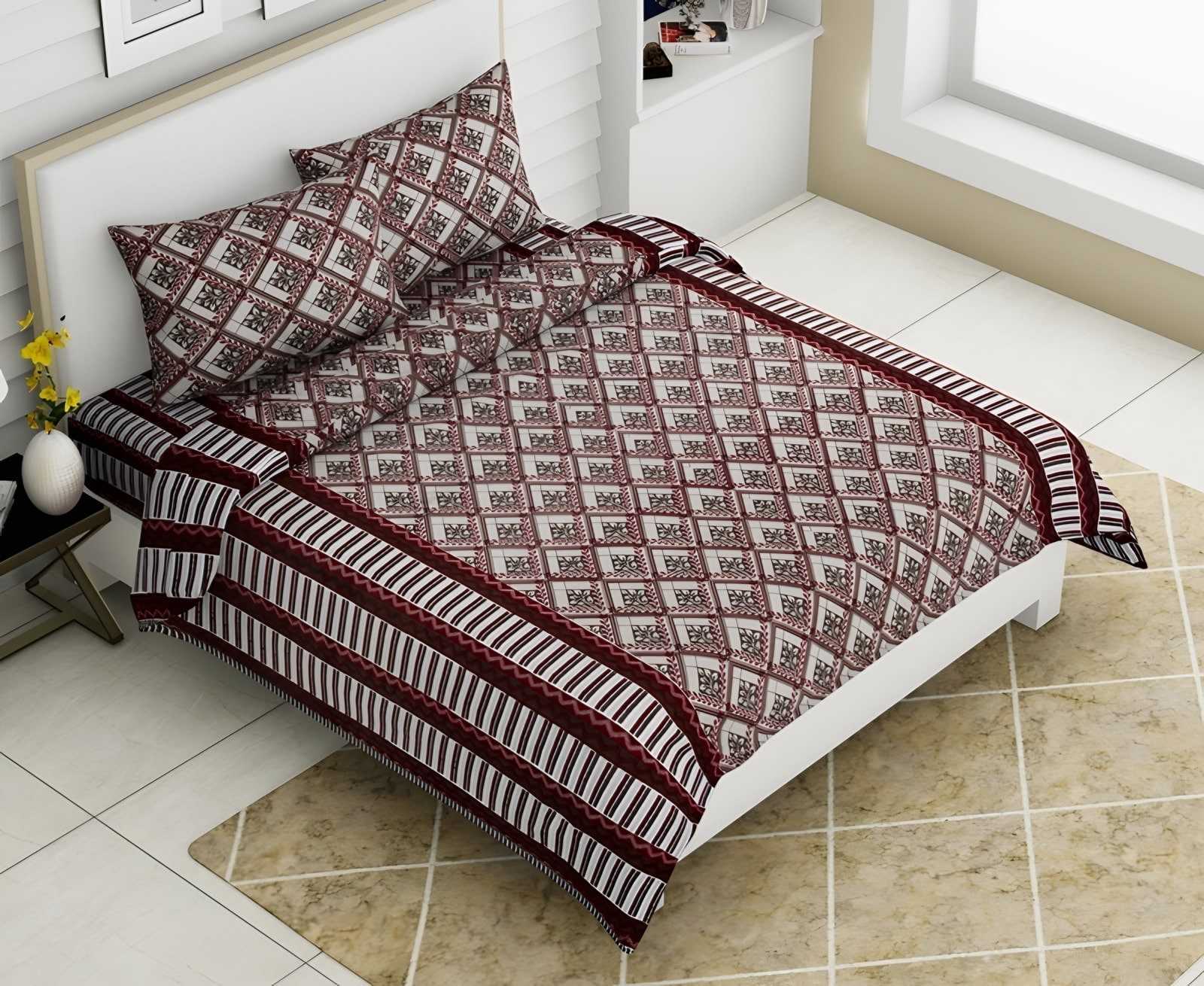 Rozee Leaf Trellis Cotton Bedsheet Set in Maroon (RZ-13) on a made bed