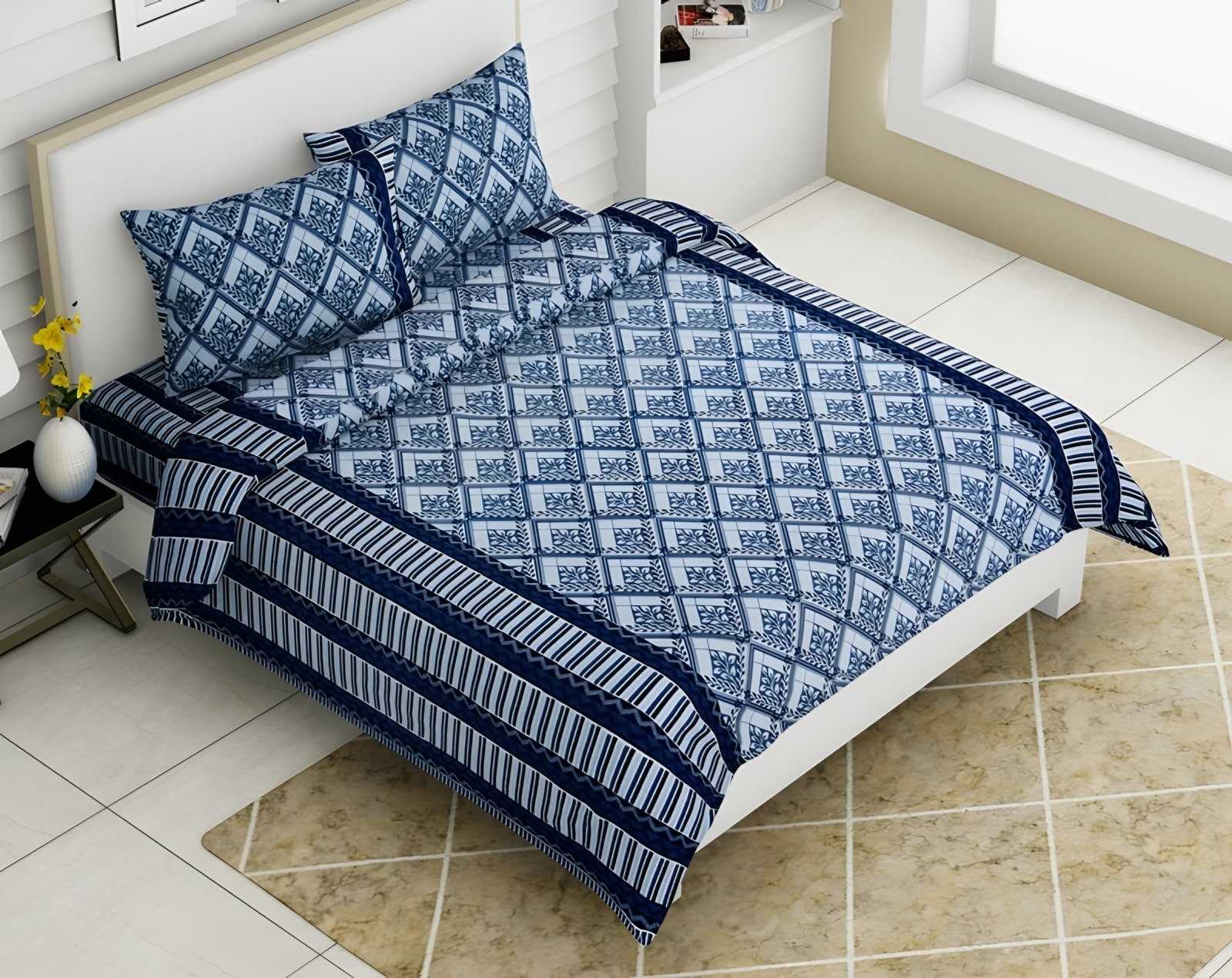 Rozee Leaf Trellis Cotton Bedsheet Set in Blue (RZ-14) on a made bed