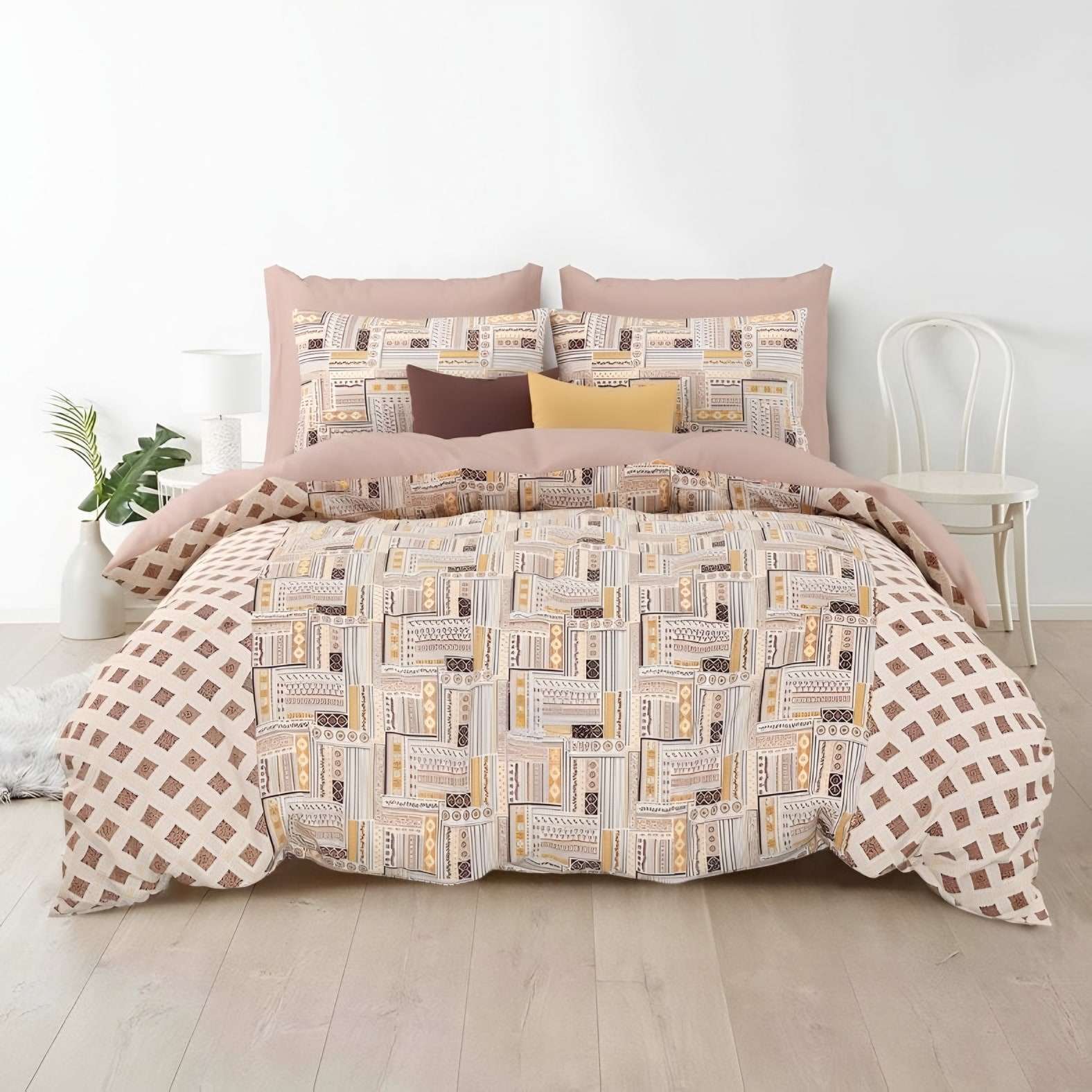 Rozee Brick Buti Cotton Bedsheet Set in Peach (RZ-15) on a made bed