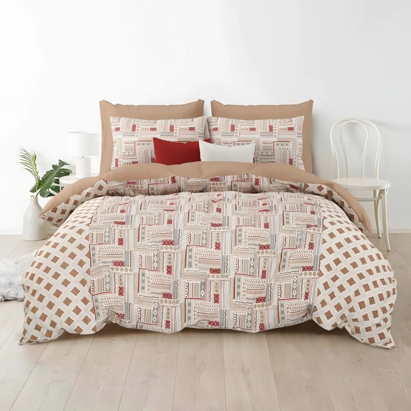 Rozee Brick Buti Cotton Bedsheet Set in Blush (RZ-16) on a made bed