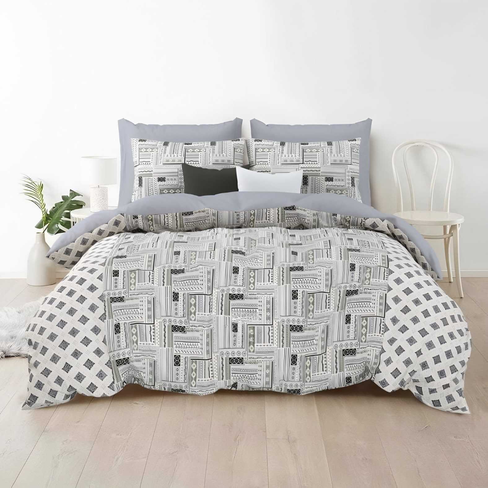 Rozee Brick Buti Cotton Bedsheet Set in Grey (RZ-17) on a made bed
