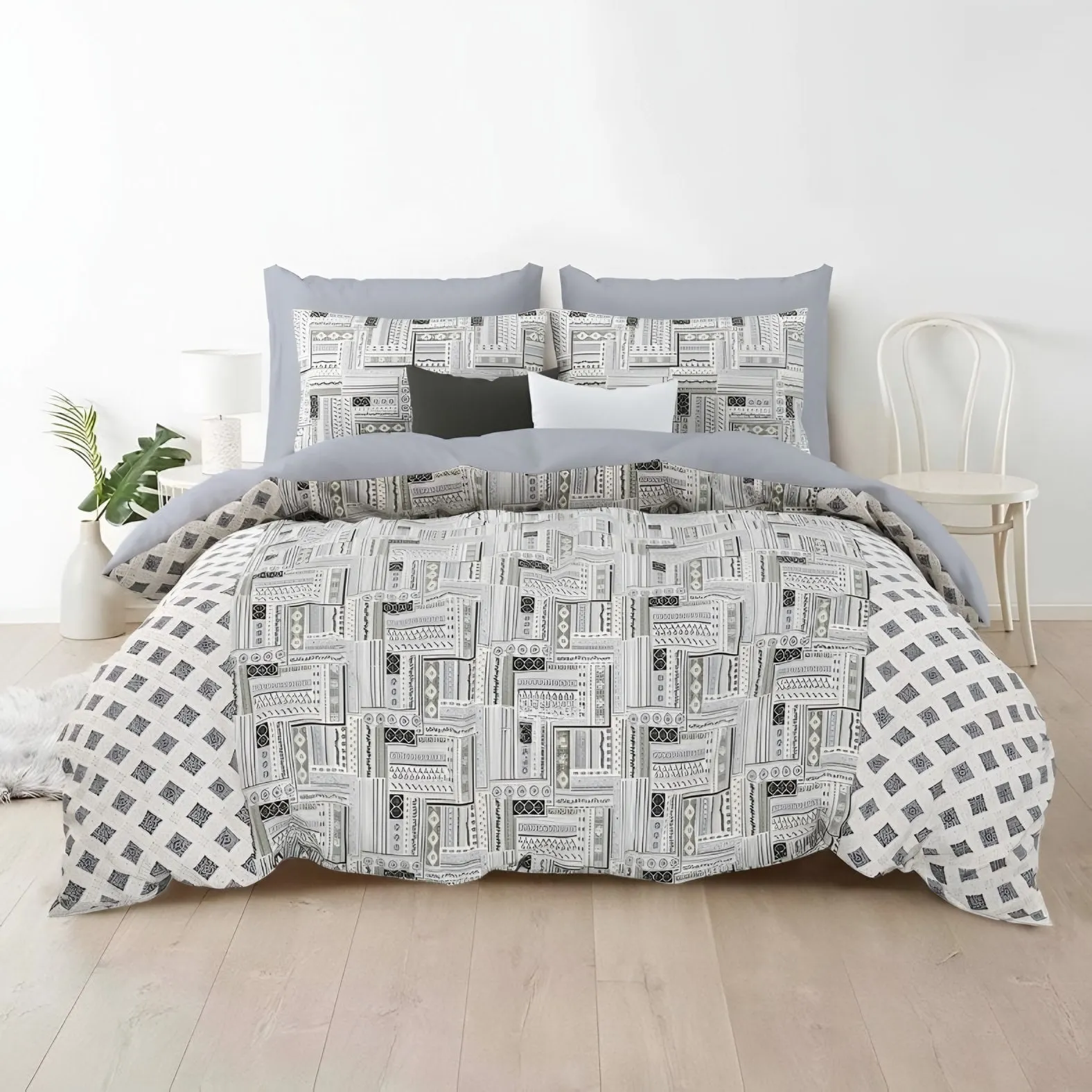 Rozee Brick Buti Cotton Bedsheet Set in Grey (RZ-17) on a made bed