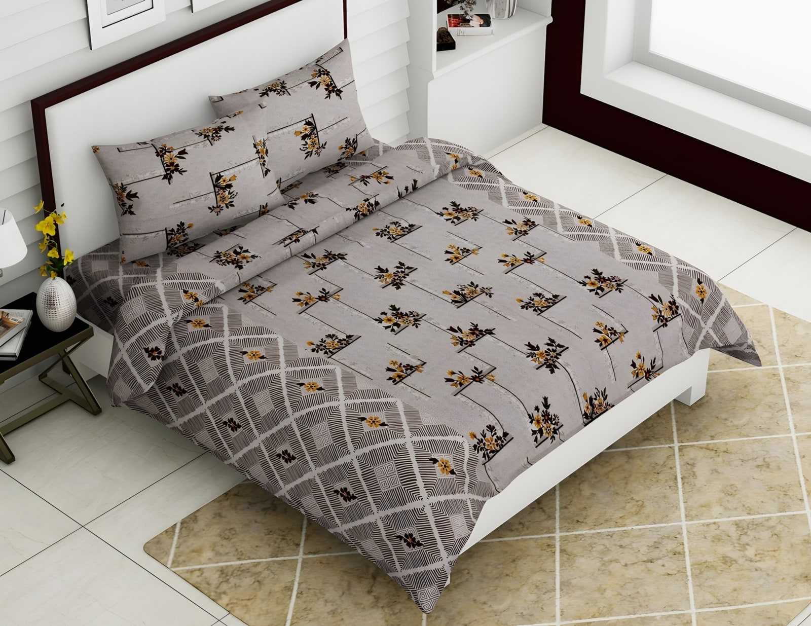 Rozee Flower Sprig Cotton Bedsheet Set in Grey (RZ-20) on a made bed