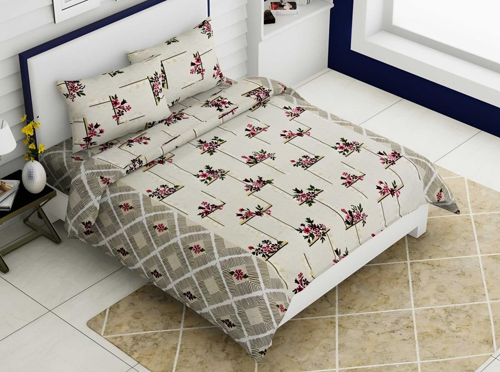 Rozee Flower Sprig Cotton Bedsheet Set in Cream (RZ-21) on a made bed