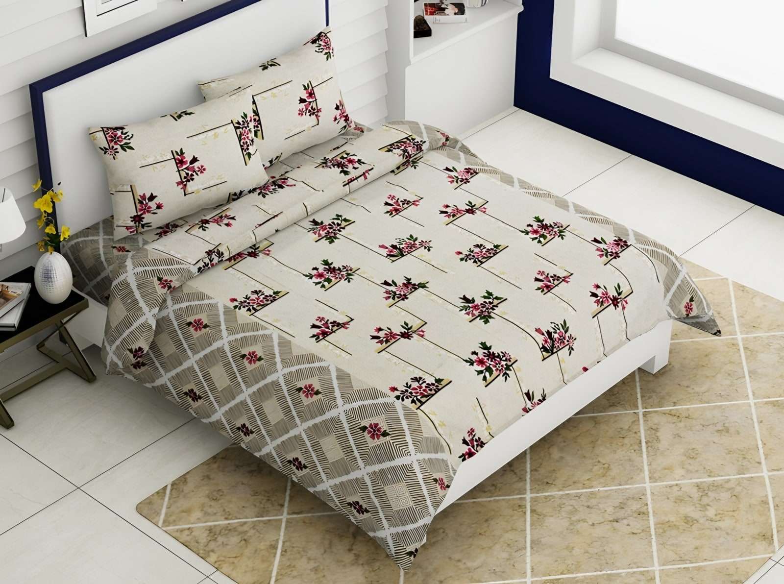 Rozee Flower Sprig Cotton Bedsheet Set in Cream (RZ-21) on a made bed
