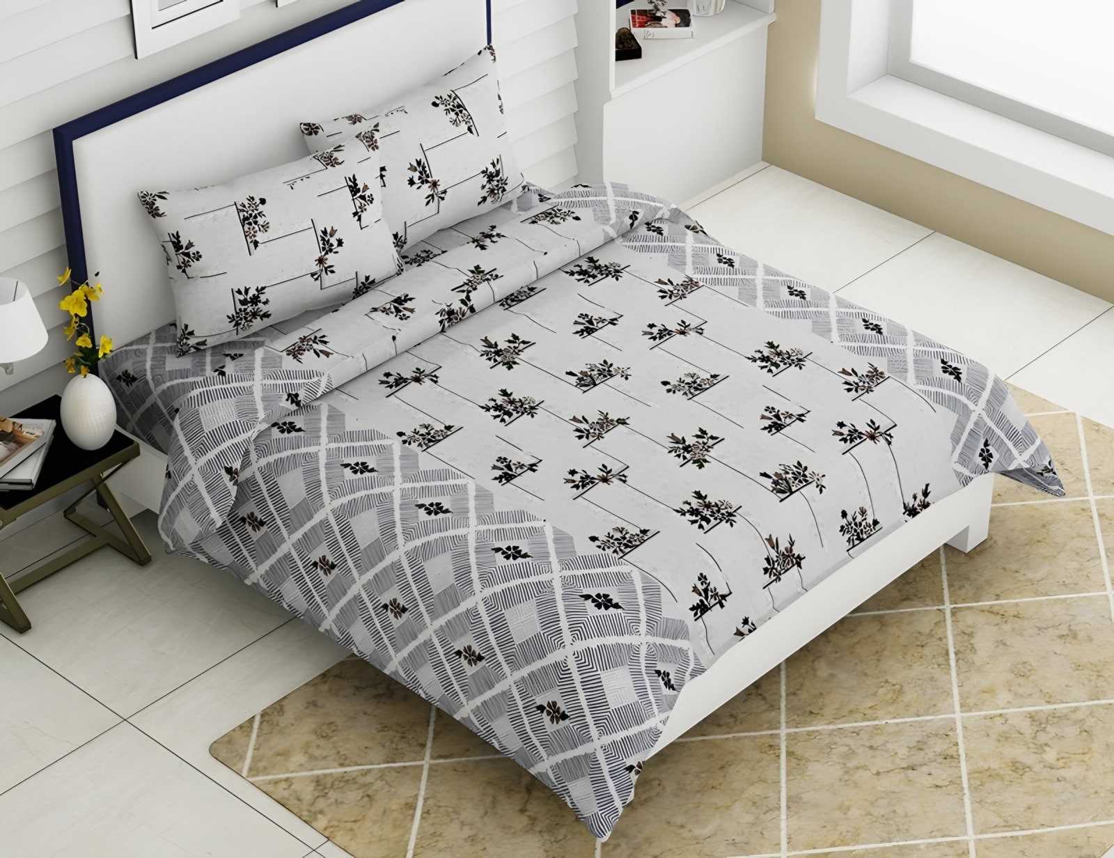 Rozee Flower Sprig Cotton Bedsheet Set in Silver (RZ-22) on a made bed